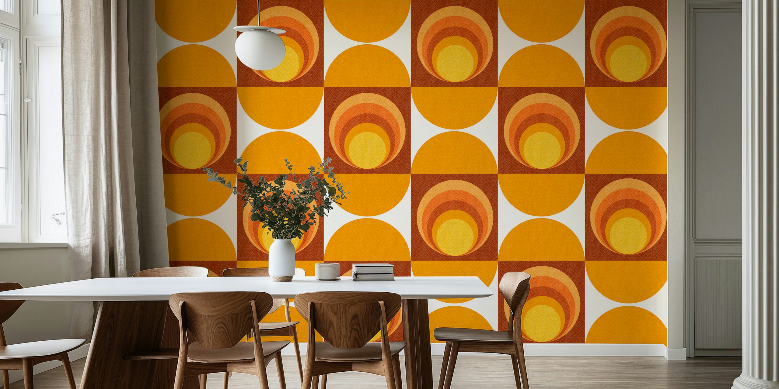 Fotomural Vintage Sun de estilo retro con motivos circulares de sol en ámbar y siena tostado