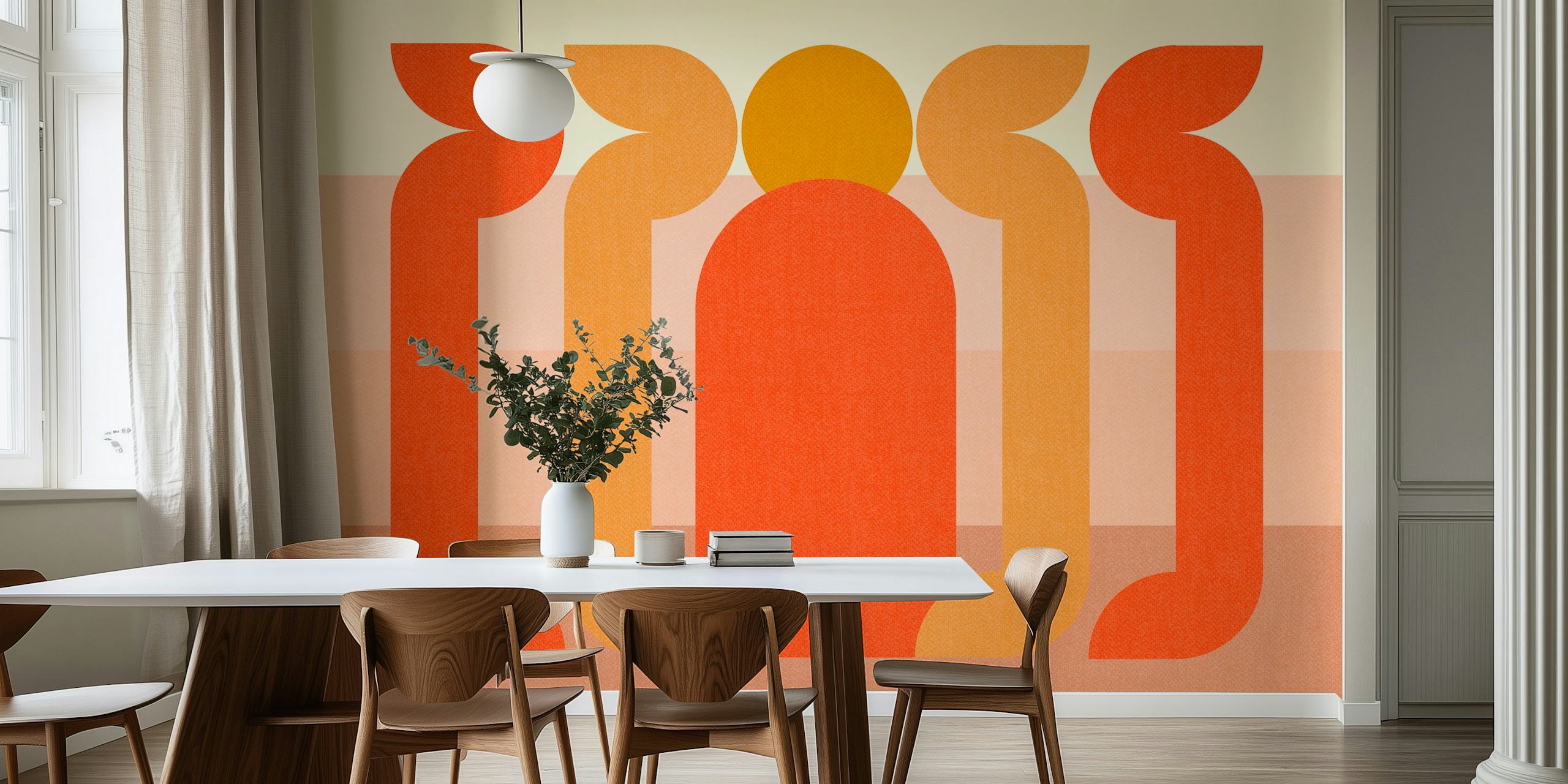 Retro sun design wallpaper in warm tones of orange and yellow