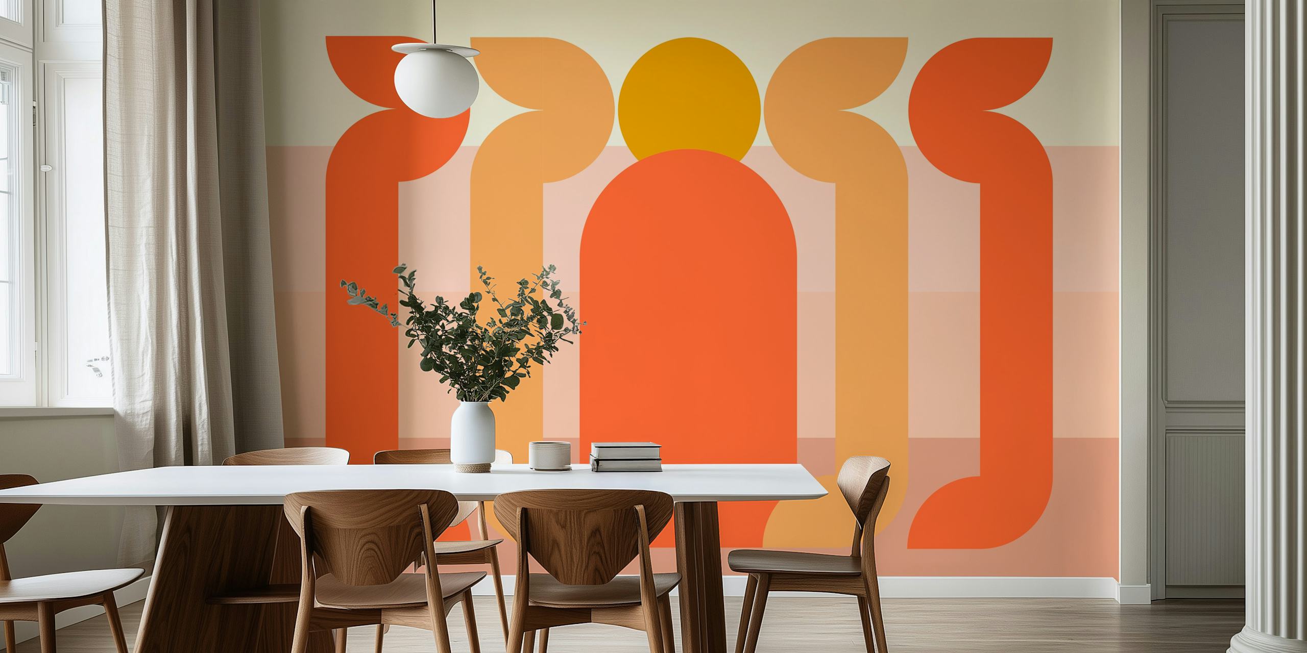 Design de papel de parede Retro Sun Abstract em um quarto