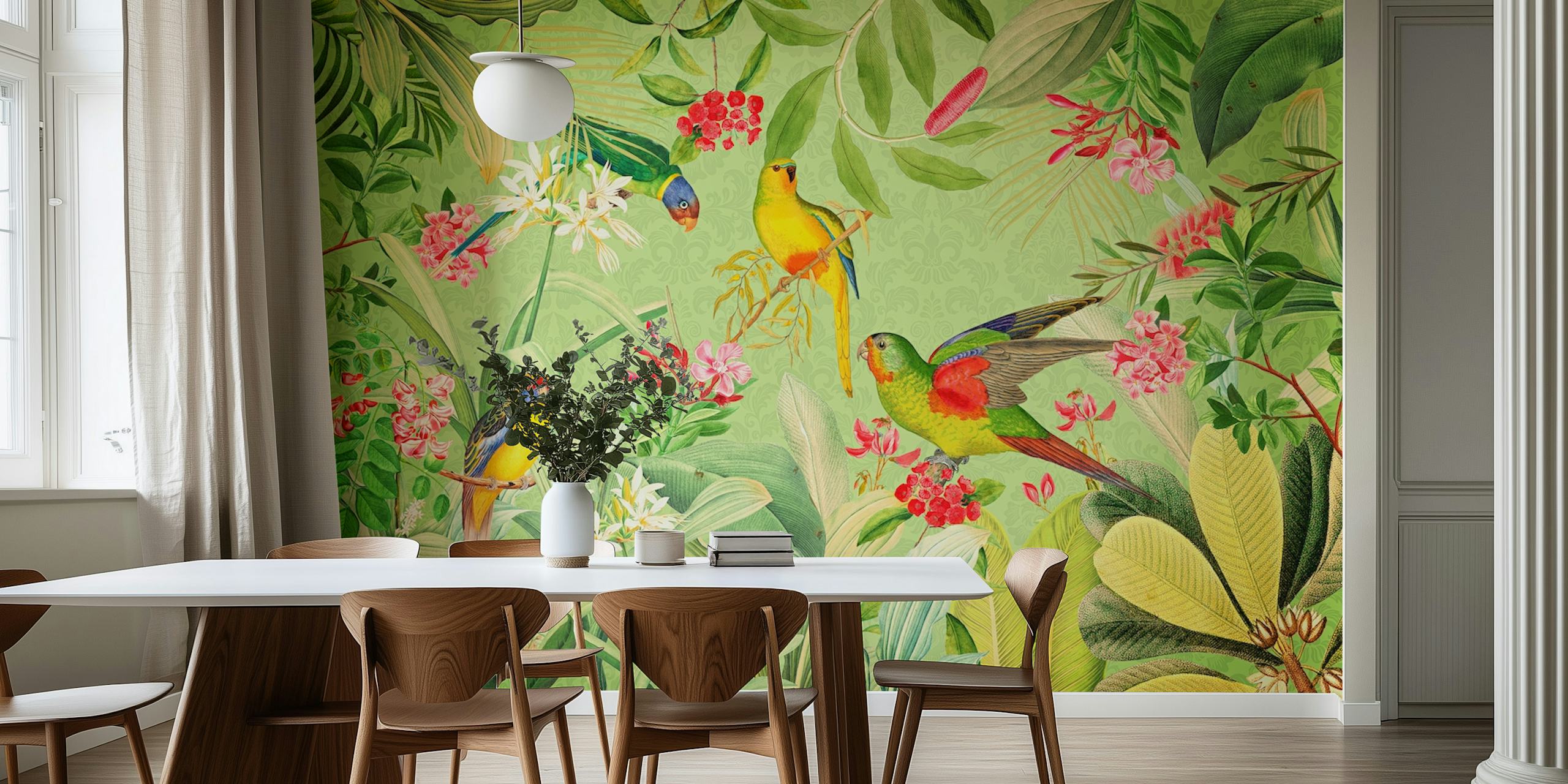 Tropical birds and floral patterns in green wallpaper