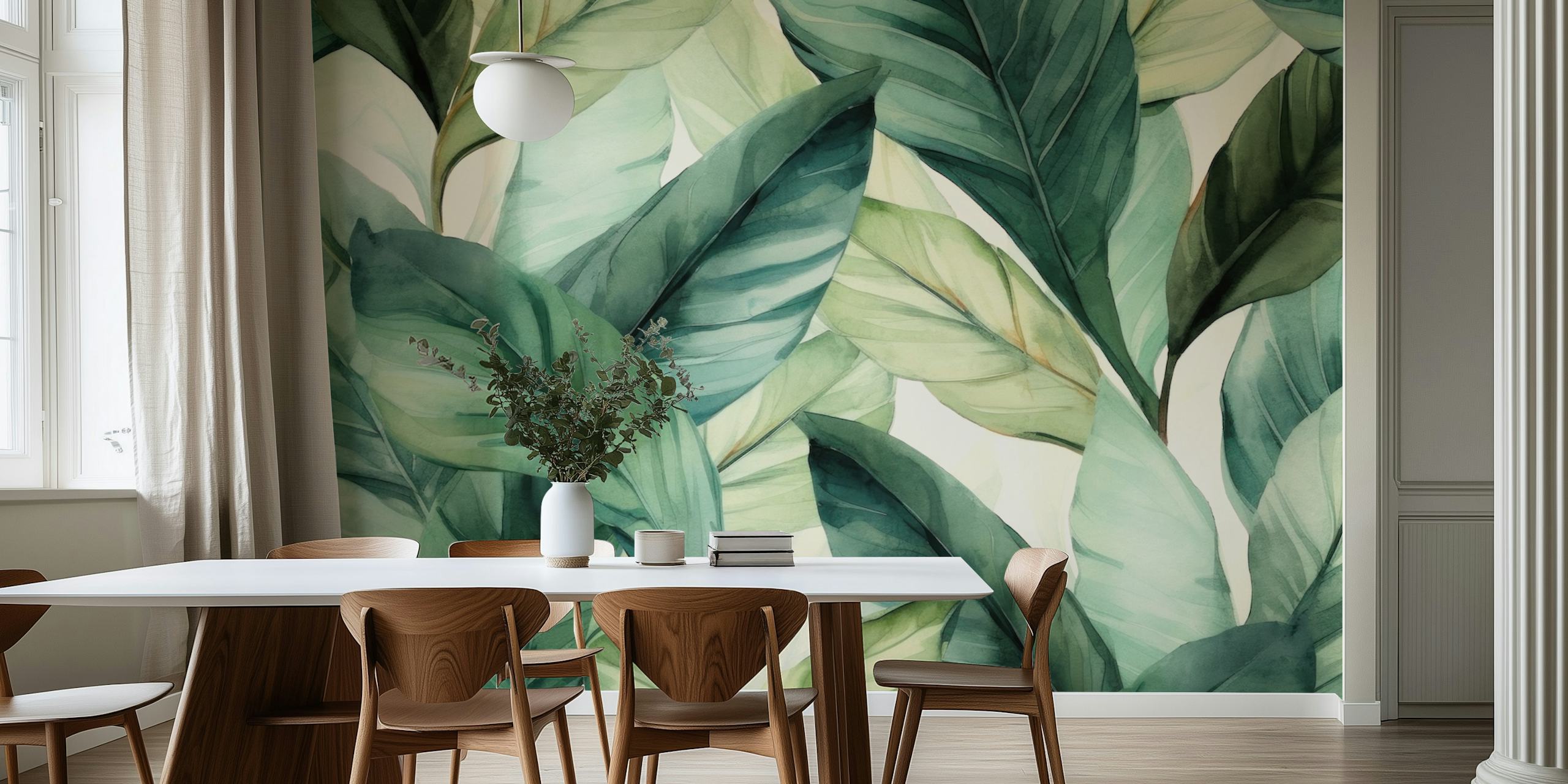 Tropical green leaf design on wallpaper with a watercolor style