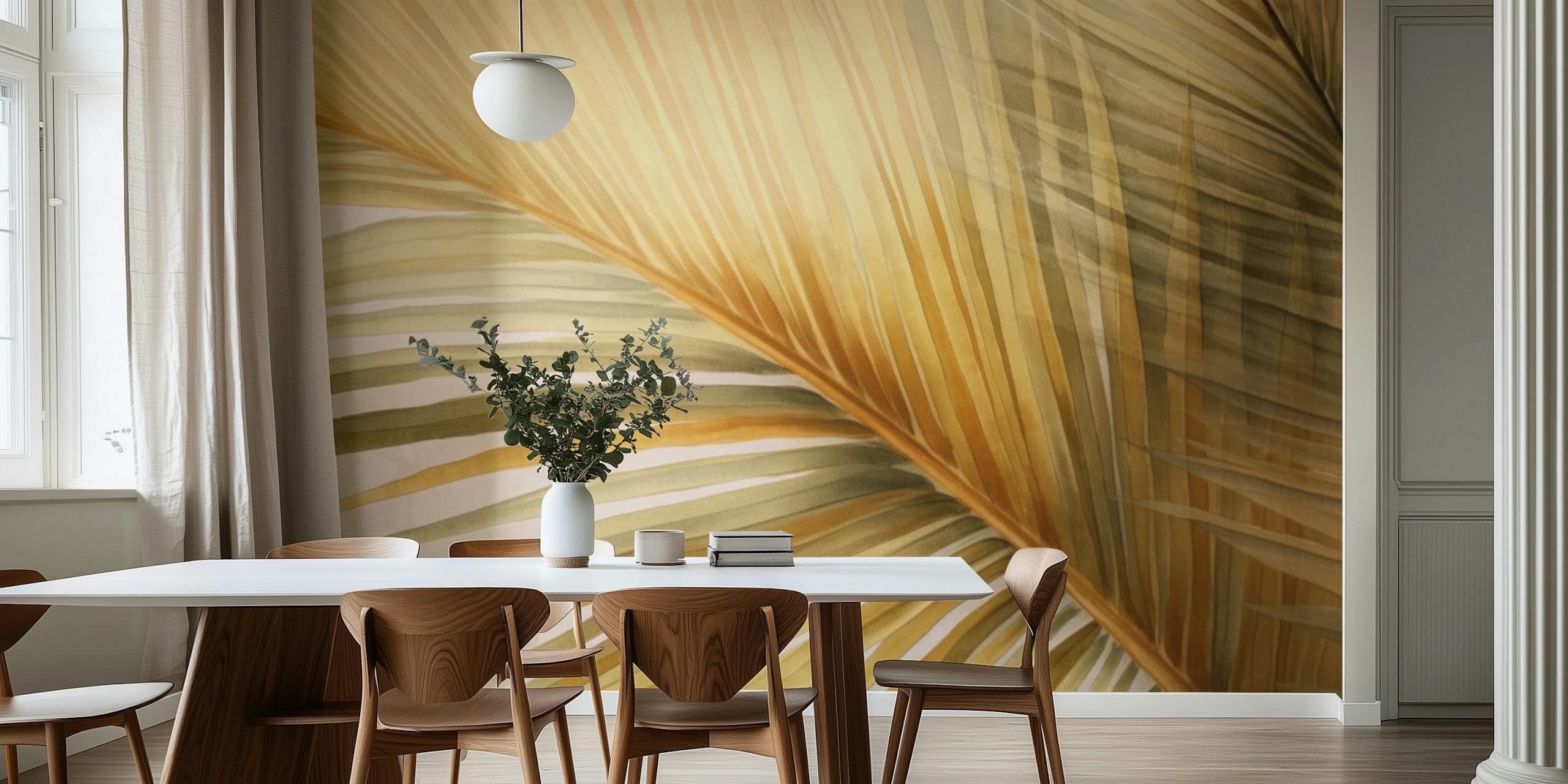 Golden and cream palm foliage wall mural creating a tropical ambiance