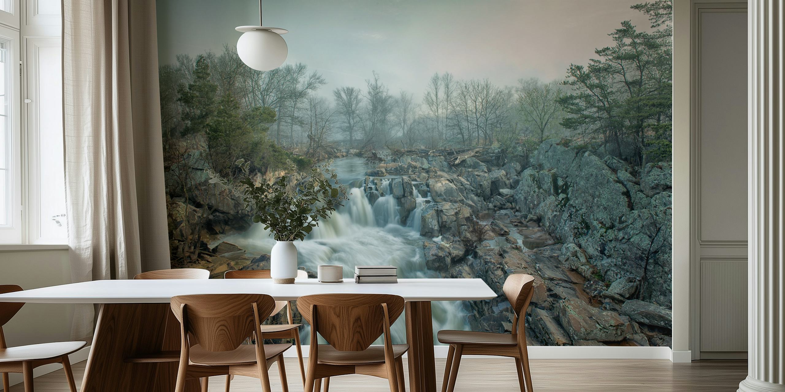 Wallpaper featuring a waterfall and misty forest