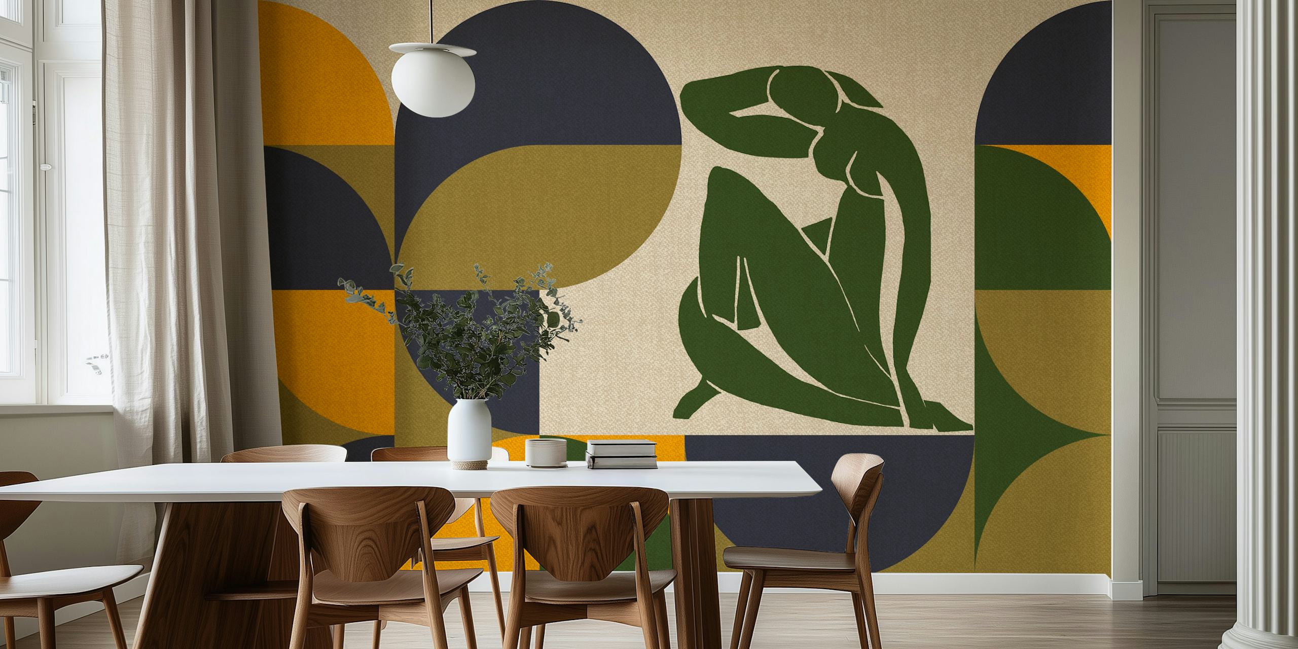 French Mid-Century Fabric carta da parati in una stanza