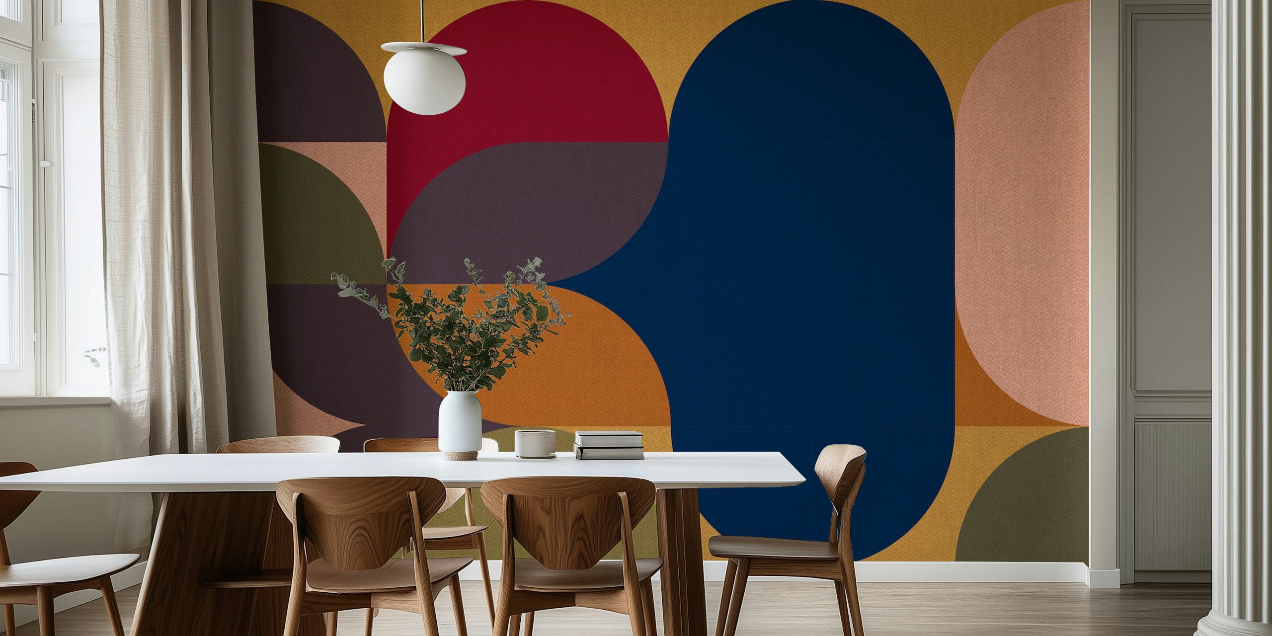 Abstrakcyjna lniana fototapeta z kolażem w stylu retro z ziemistymi tonami i organicznymi kształtami.