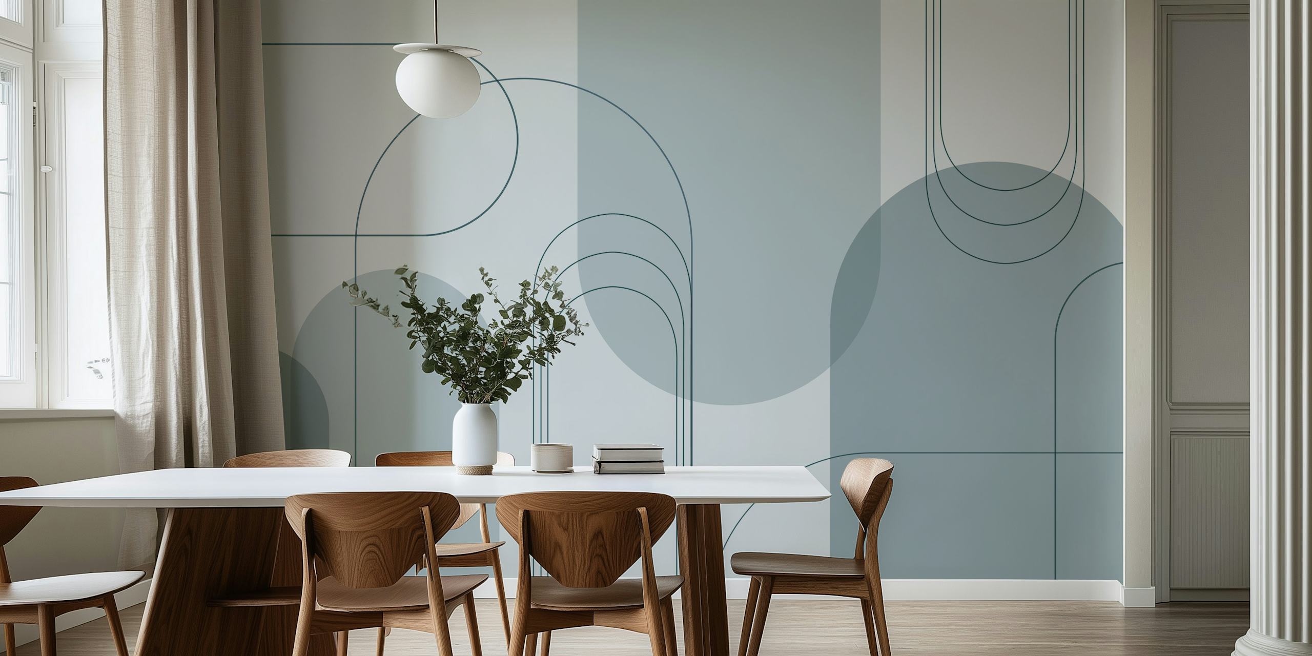 Fototapeta Minimalist Arches v modrých šedých tónech s překrývajícími se půlkruhovými vzory.