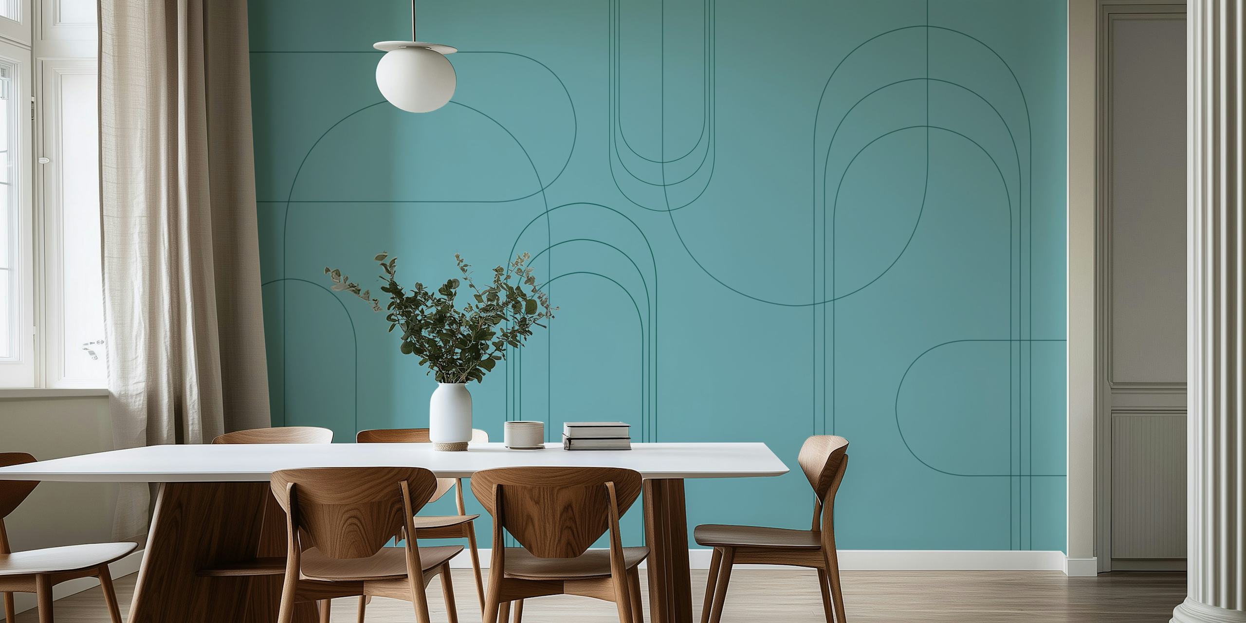 Minimalist arches turquoise wallpaper in a room