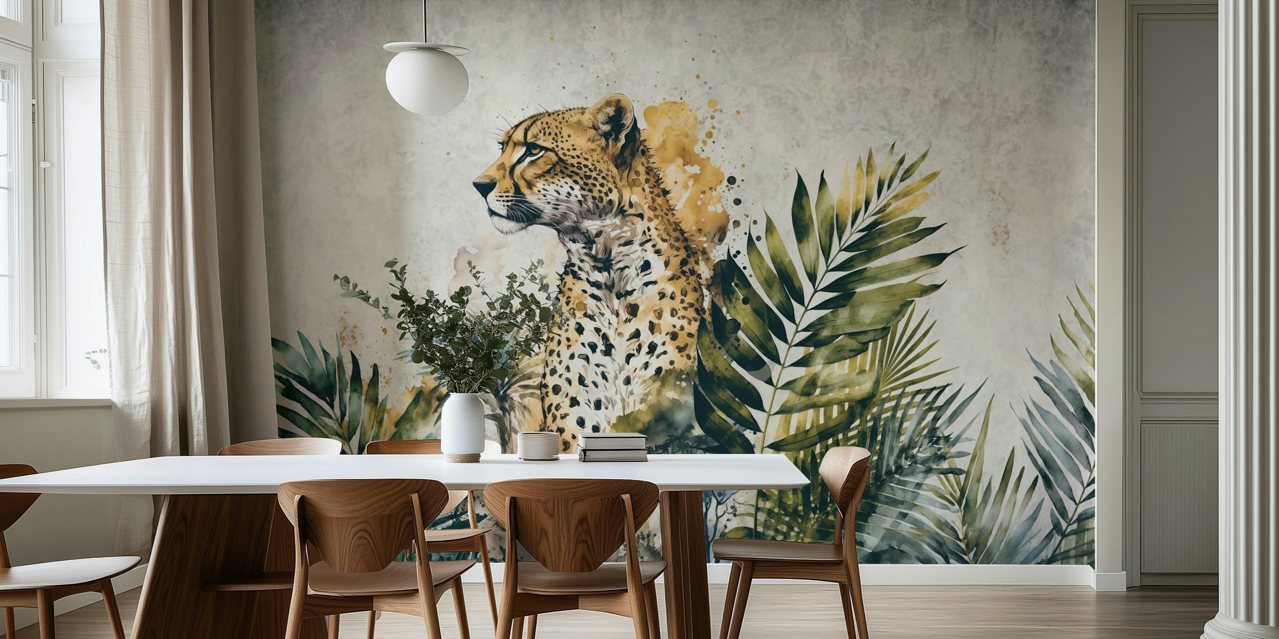 Cheetah Jungle Wildlife Målning tapet med tropiskt bladverk