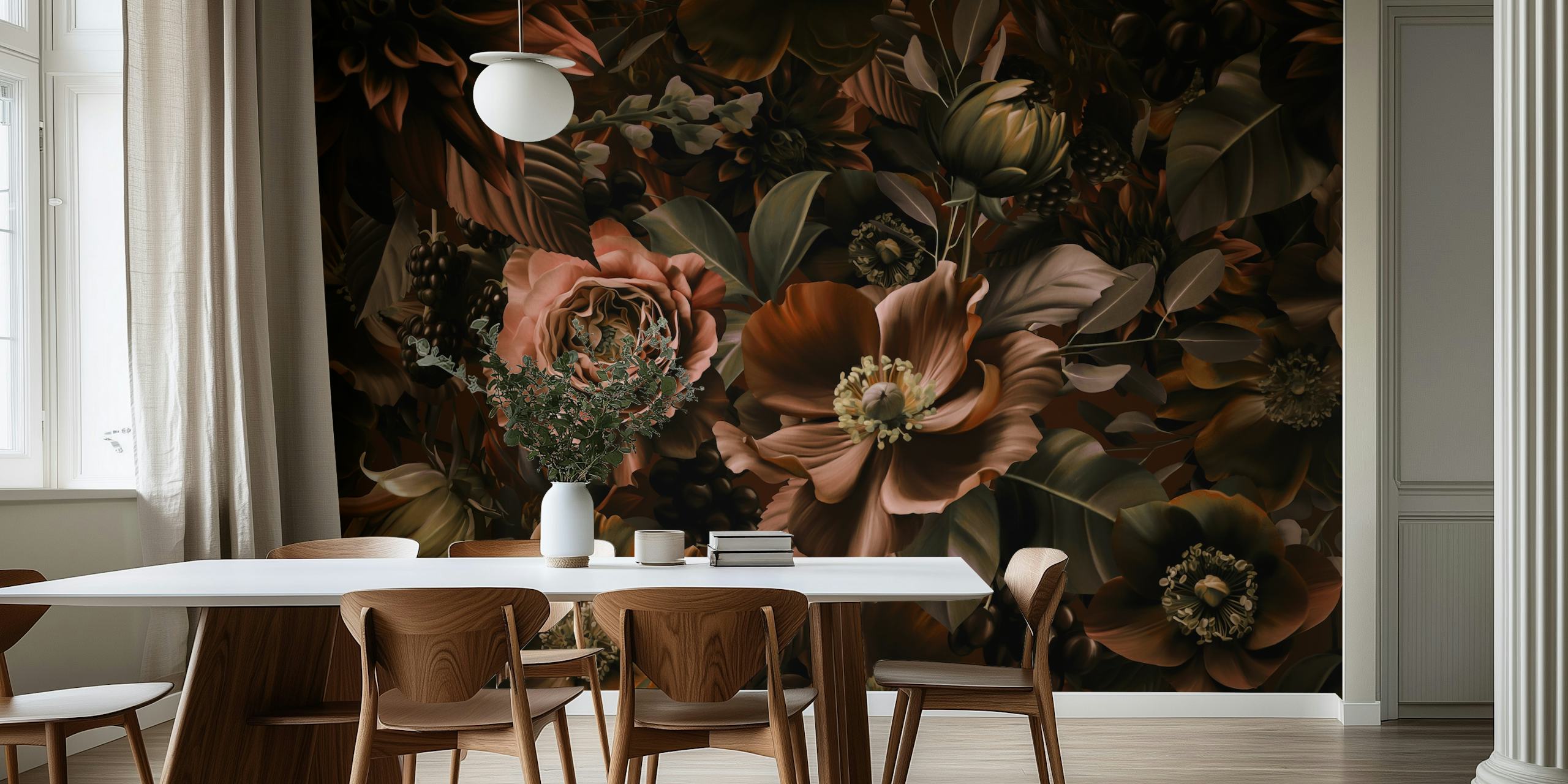 Dark floral pattern with roses and leaves in browns wallpaper