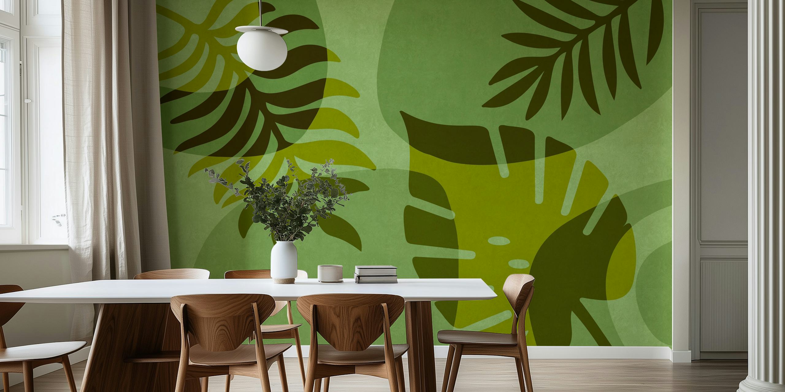 Tropical palm leaves in shades of green wallpaper