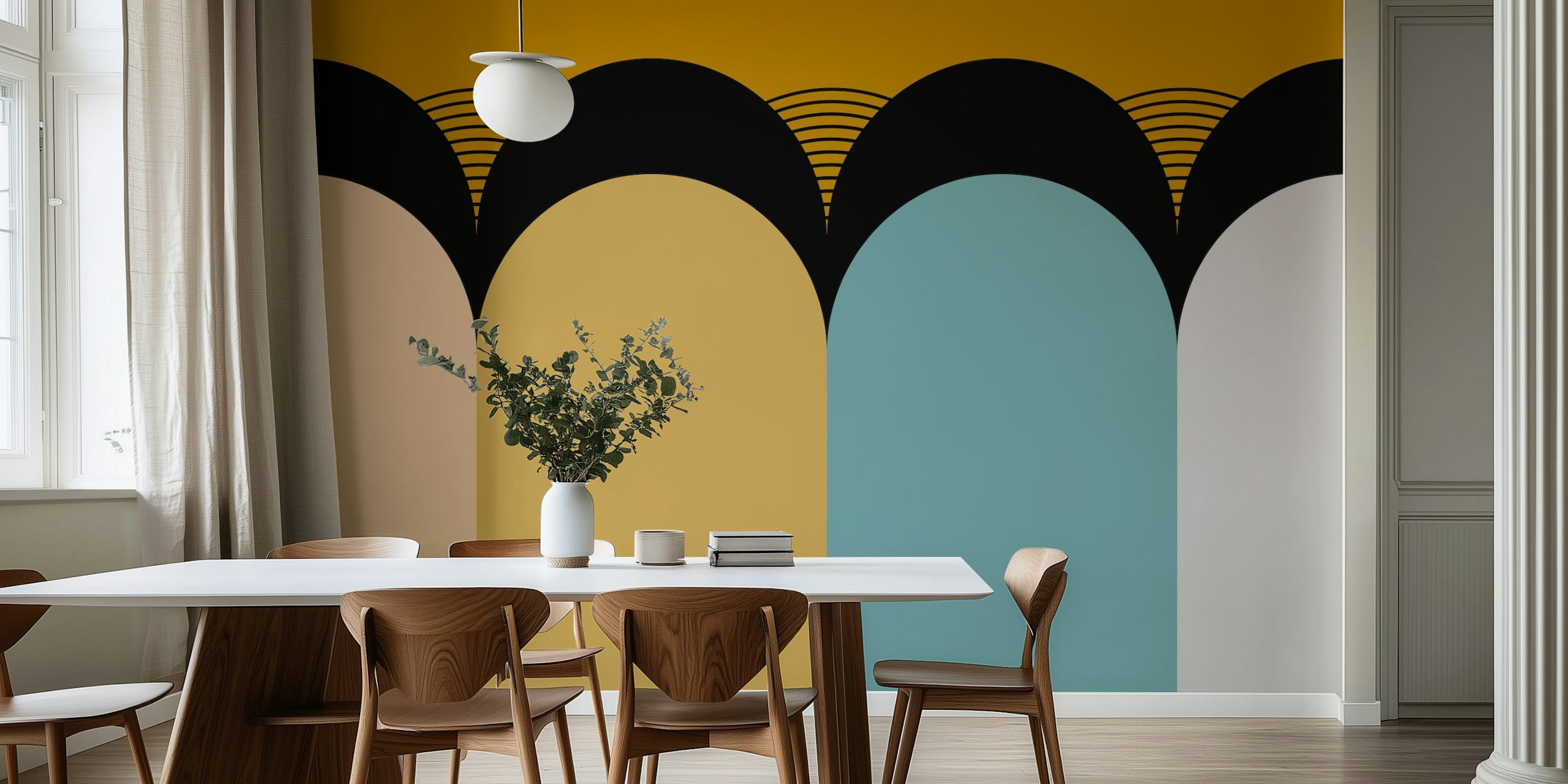 Geometric design with beige, gold, blue, and gray elements on wallpaper