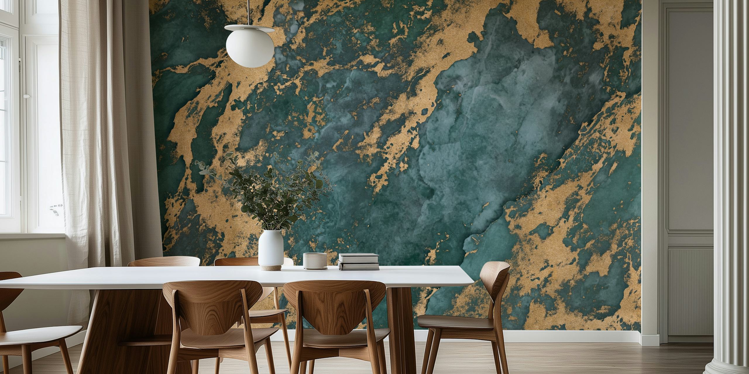 Teal and gold mineral marble texture wallpaper