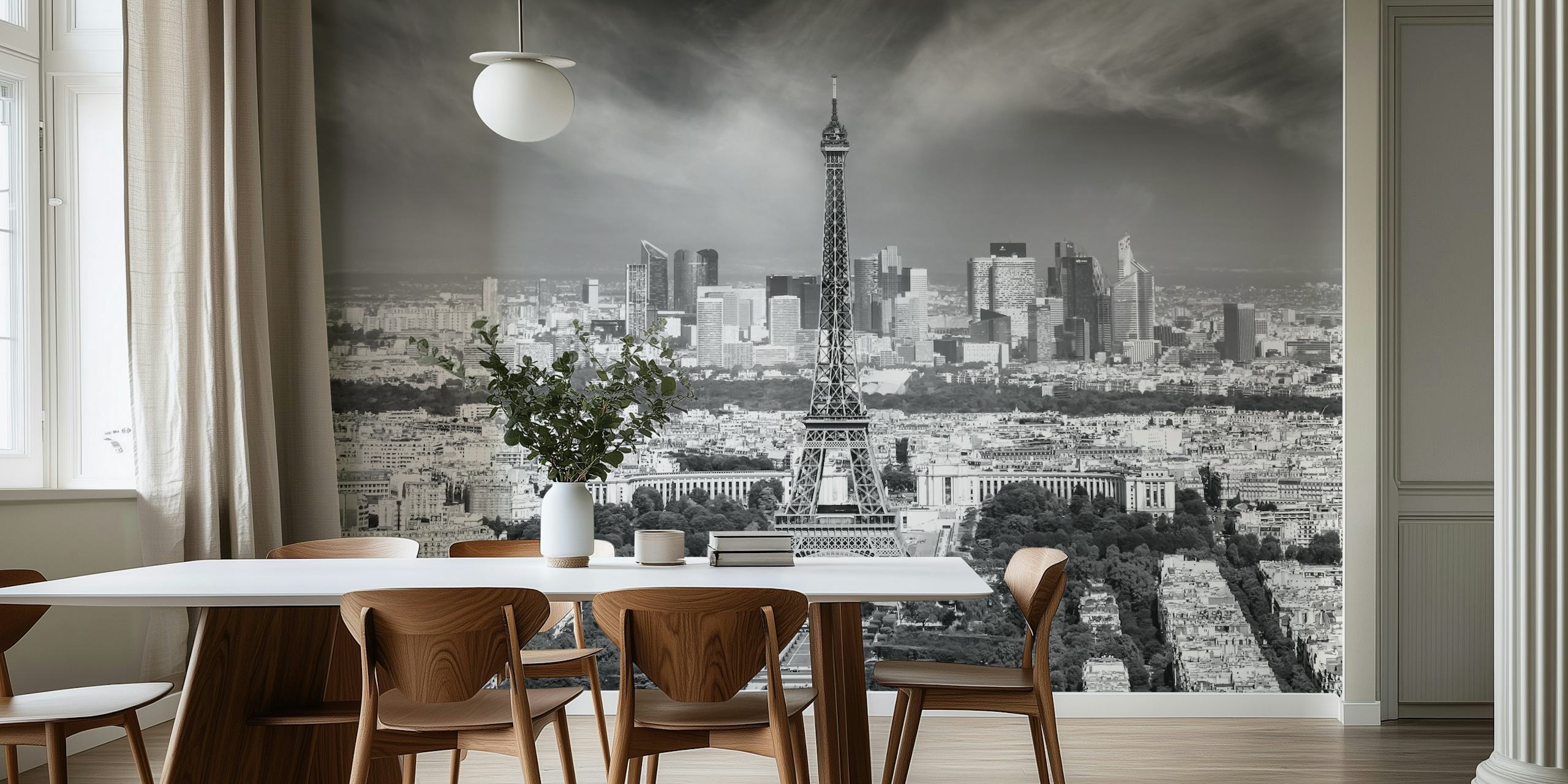 Monochrome Paris skyline wallpaper in a room