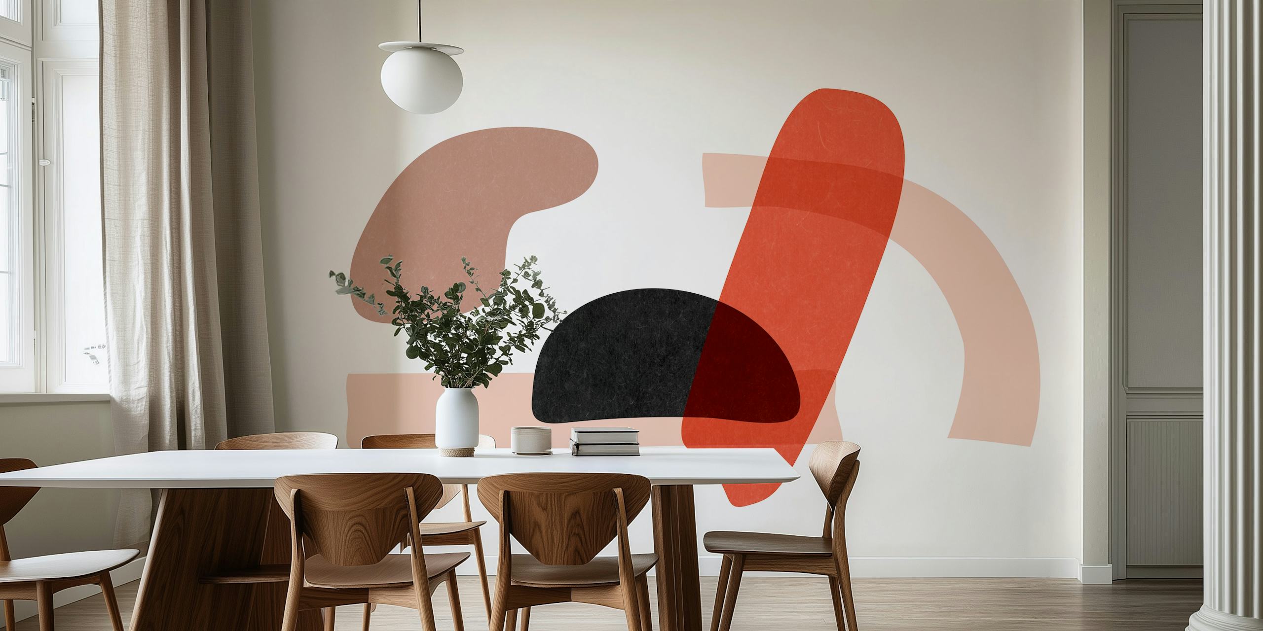 Abstracte, Japans geïnspireerde vormen in gedempte aardetinten muurschildering