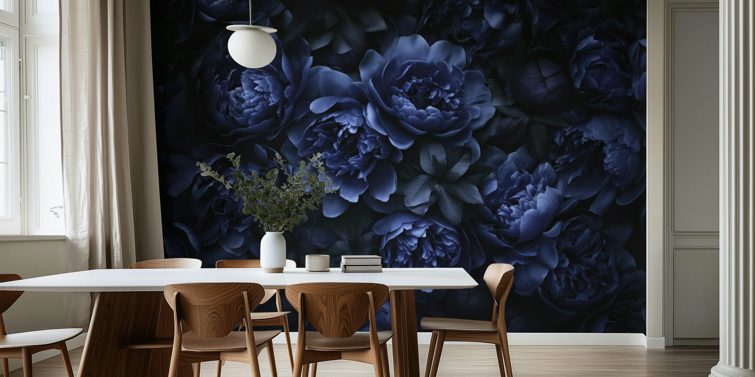 Dark midnight blue floral wallpaper design