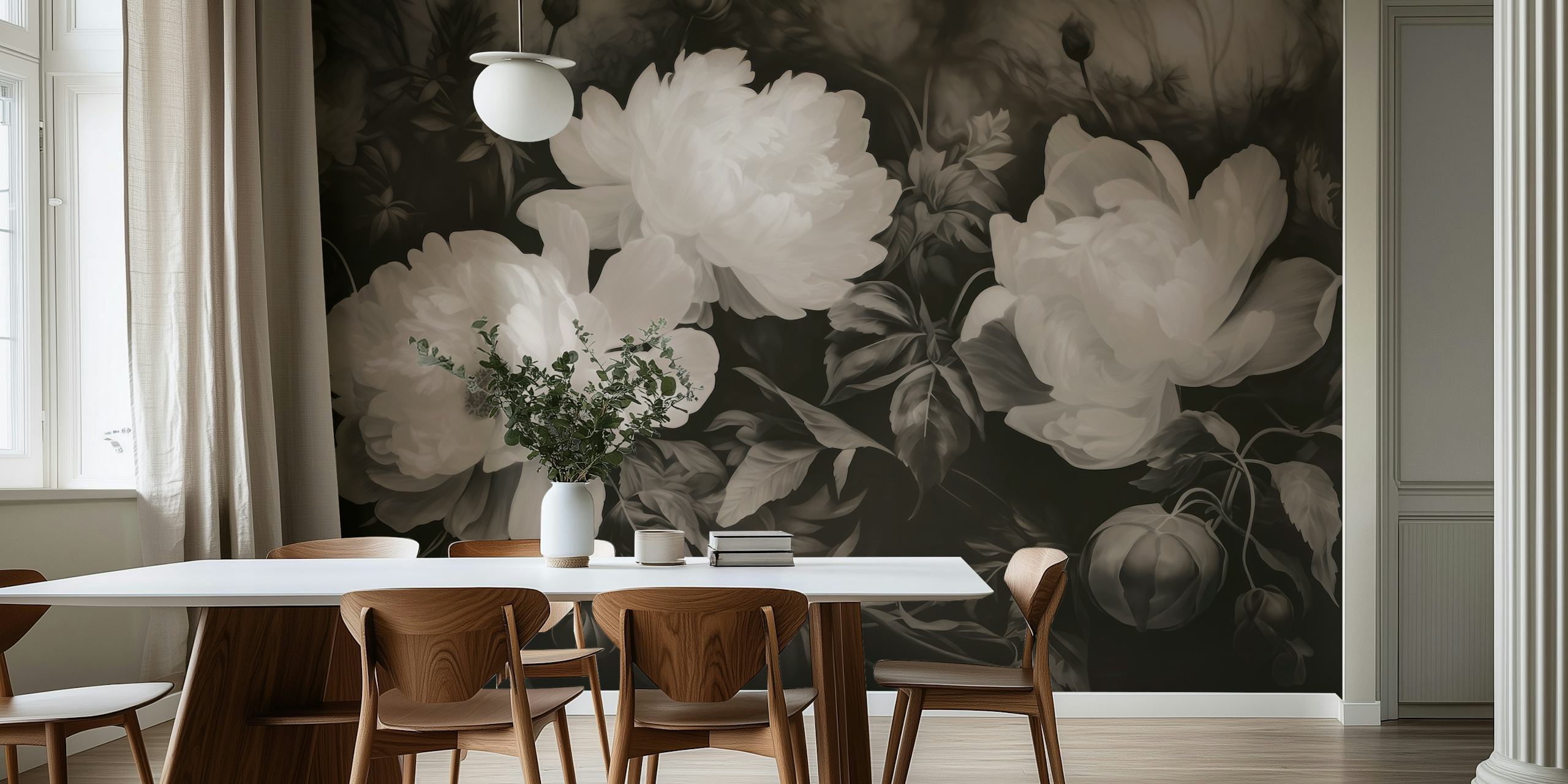 Moody botanical wallpaper with Baroque flowers