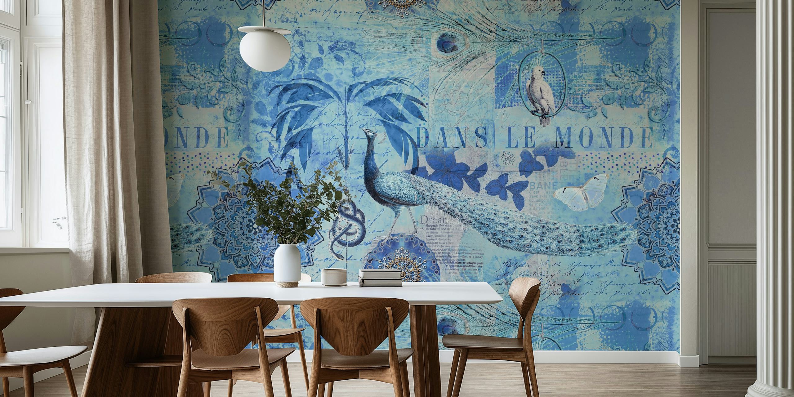 Birds Fantasy World Imaginative Collage Blue carta da parati
