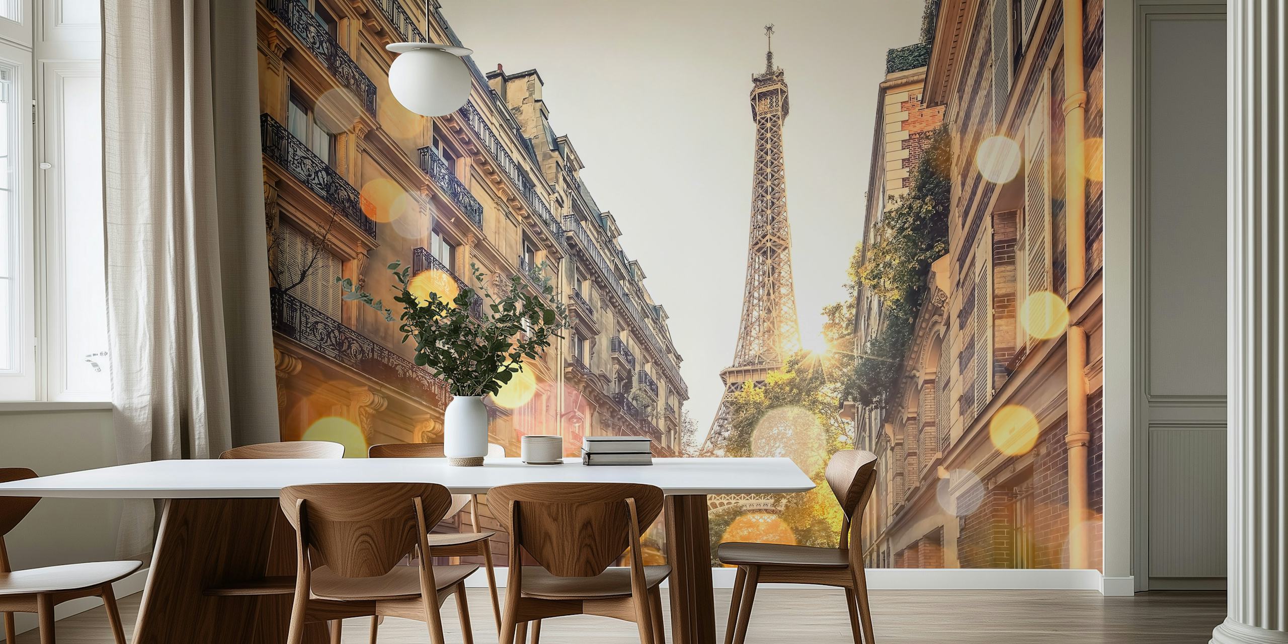 Street scene featuring the Eiffel Tower, warm tones, bokeh wallpaper