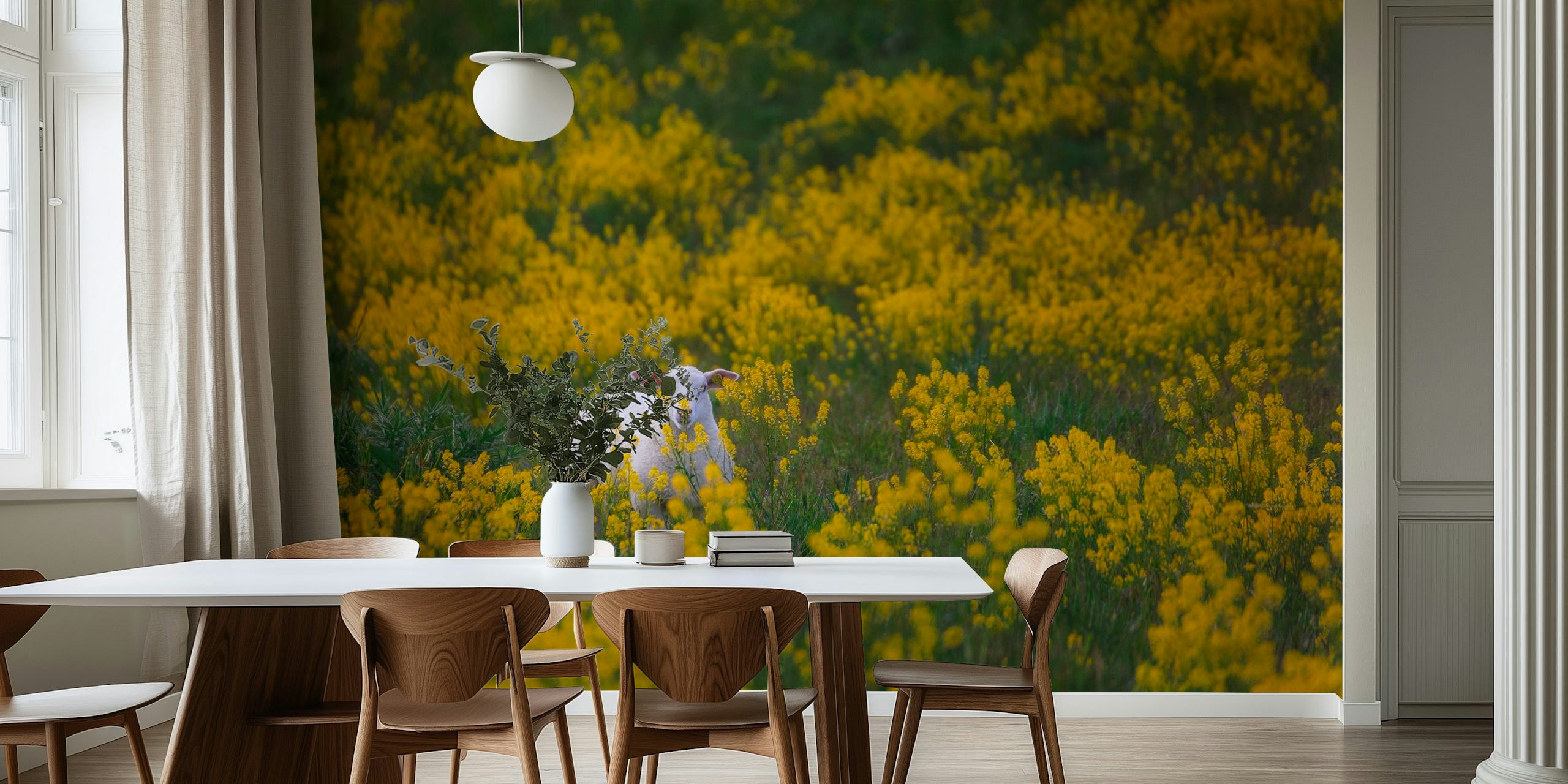 Wallpaper featuring sheep and yellow flowers