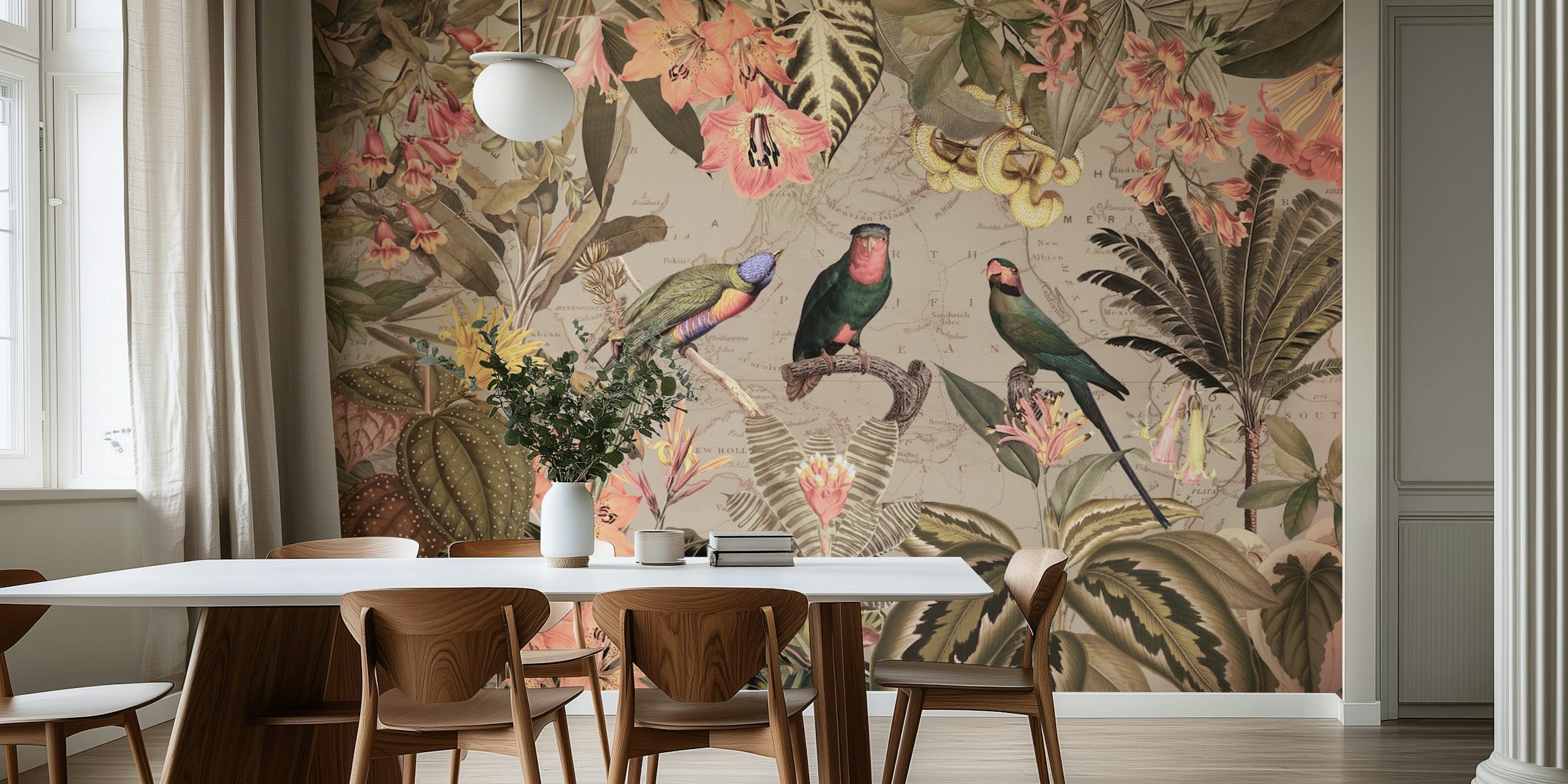 Exotic sepia parrots among tropical flowers and green leaves wallpaper