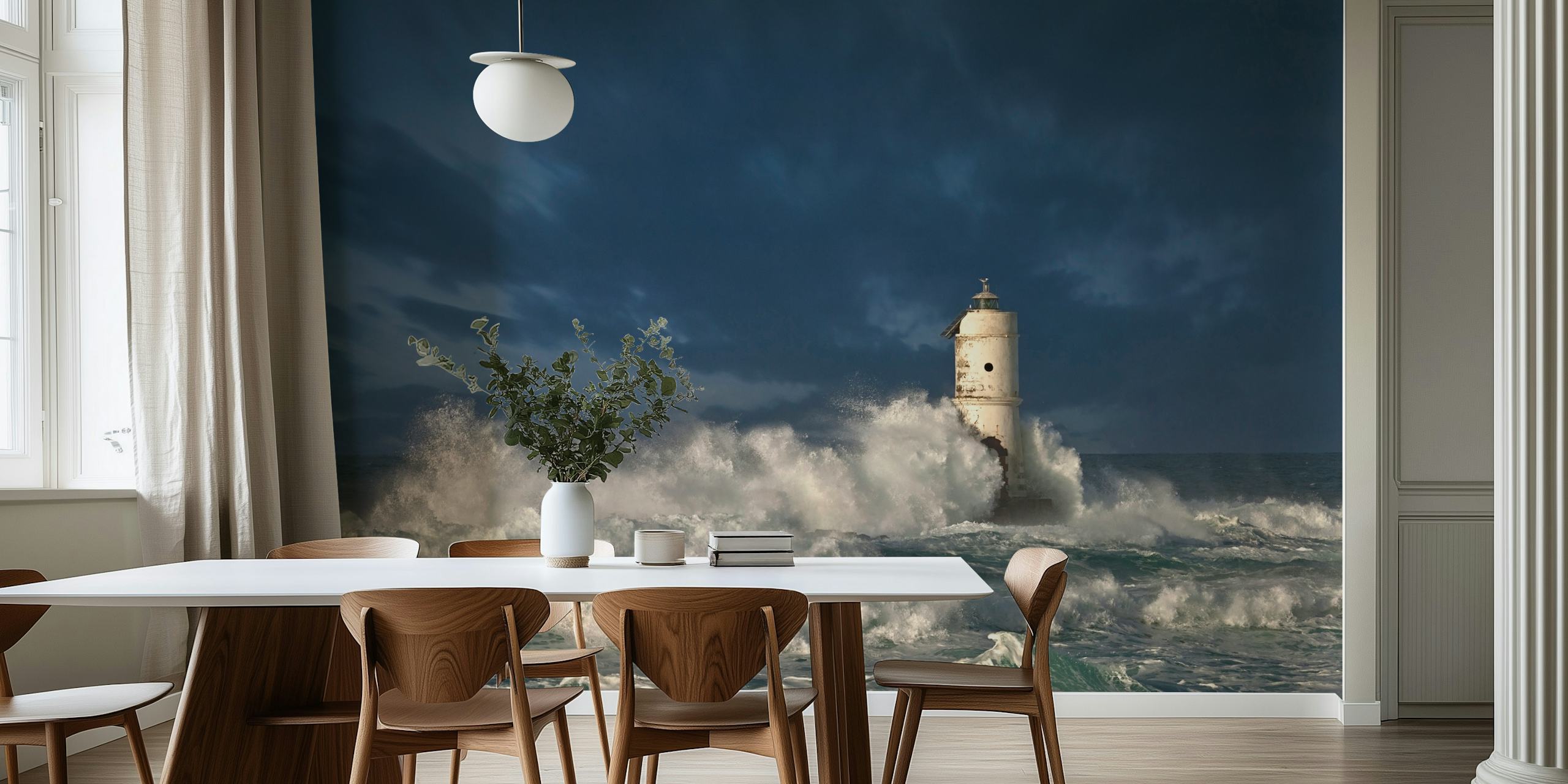 Farol Faro di Mangiabarche em Calasetta, Sardenha com mares tempestuosos