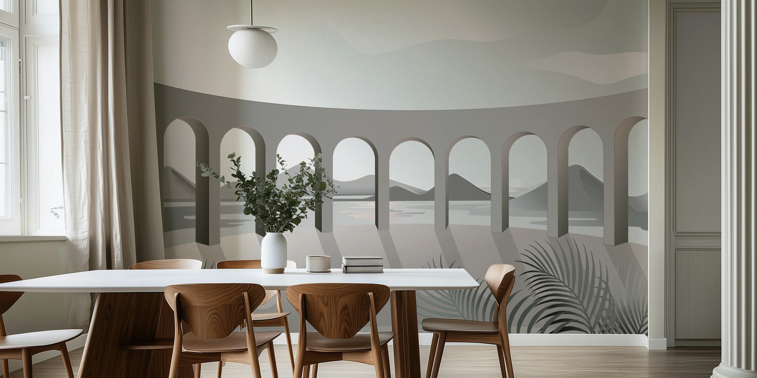 Gray architectural wallpaper featuring arches and mountains