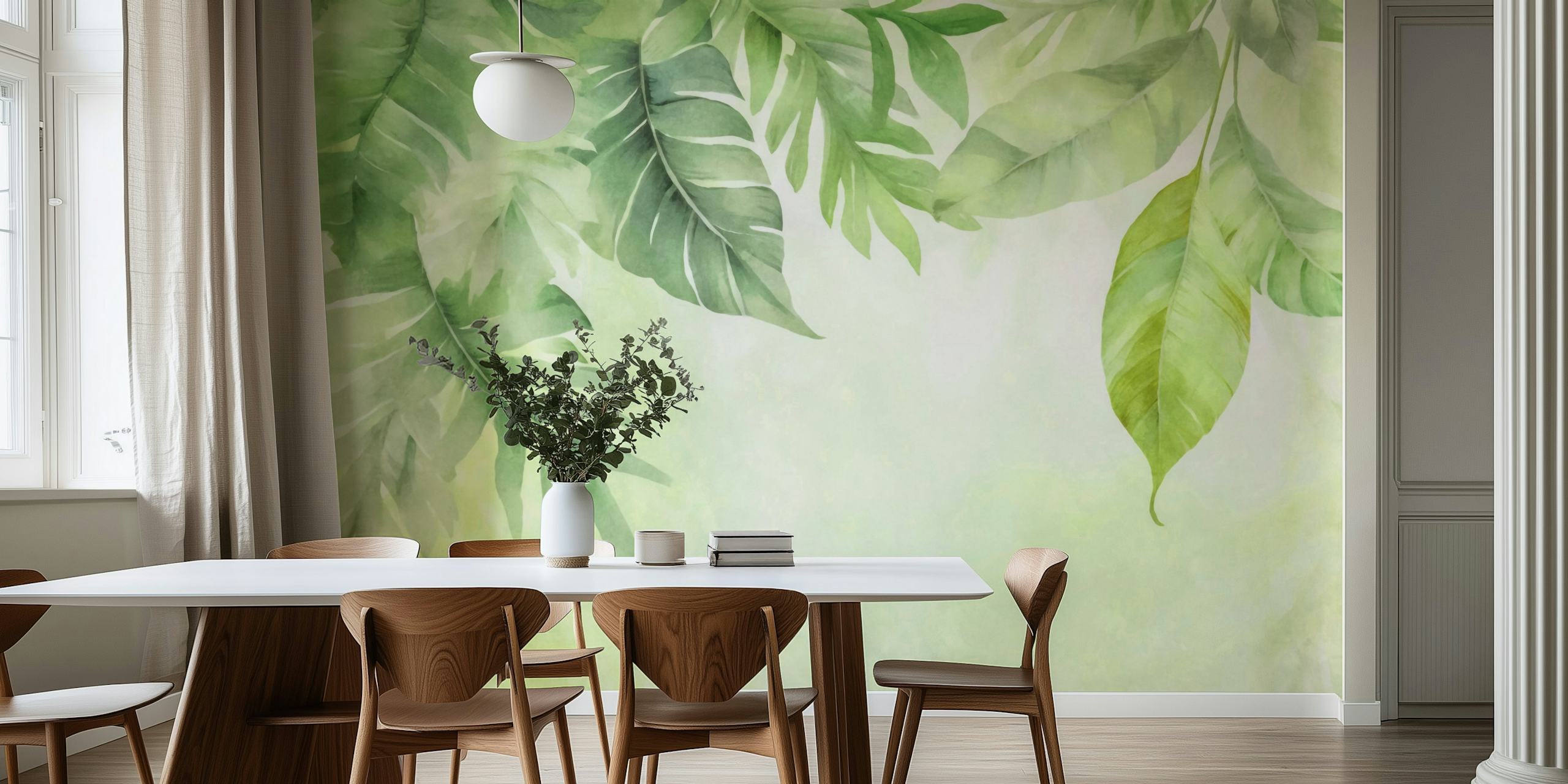 Calm Foliage Fresh Green Watercolor Leaves papel de parede