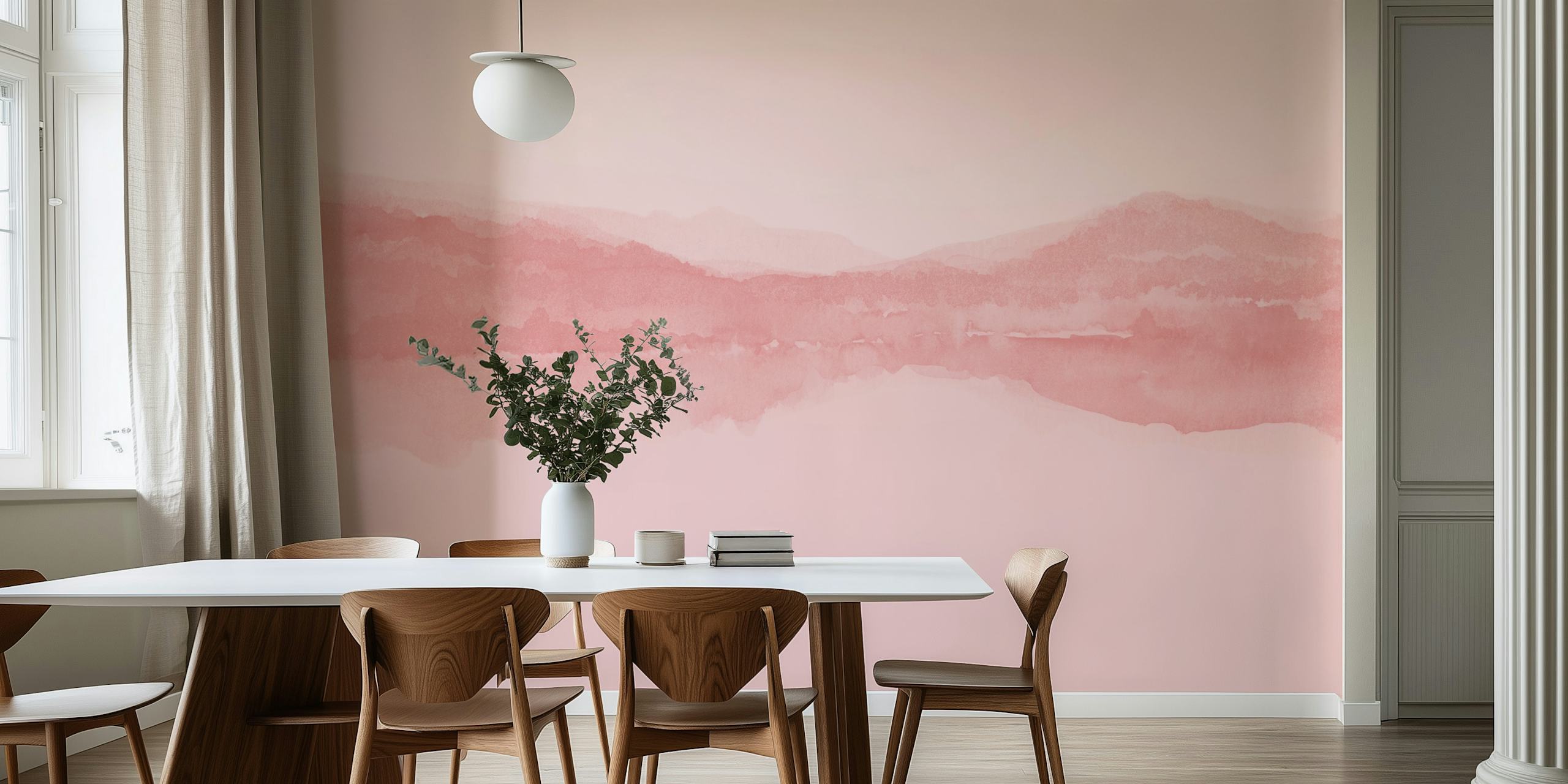 Fotomurais paisagistícos em aquarela rosa sutil para decoração de interiores