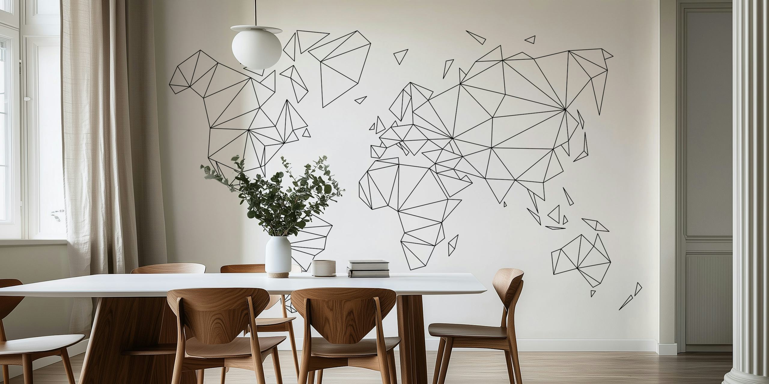 Geometric world map wallpaper featuring black triangular lines on a white background