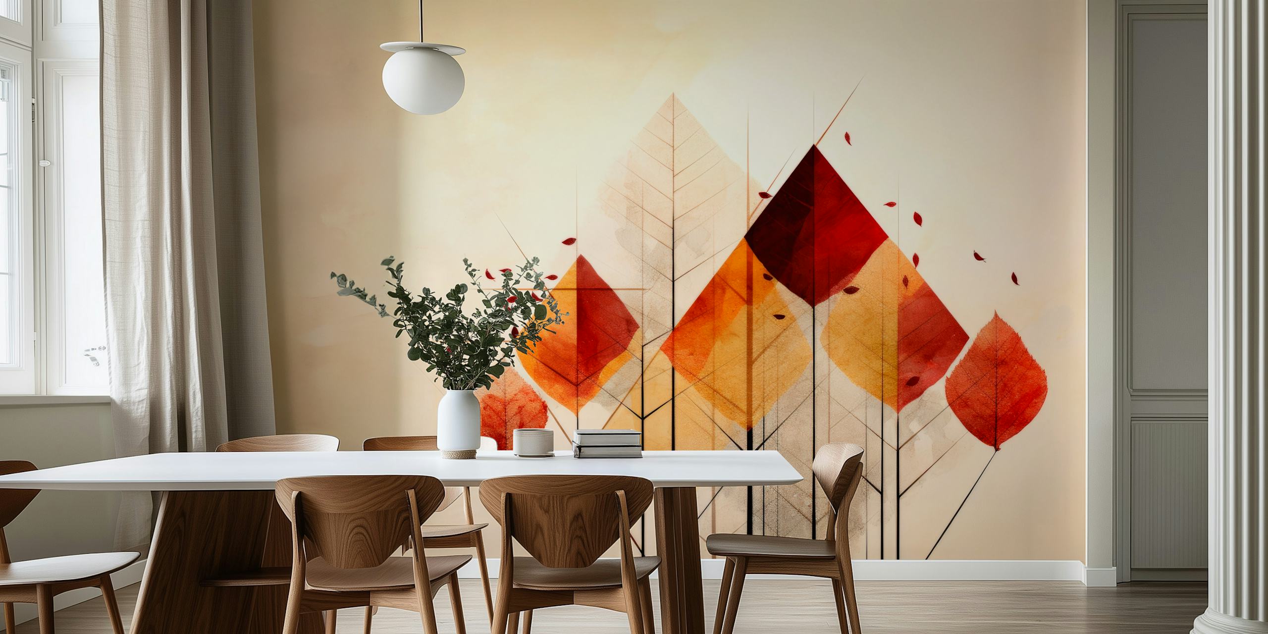 Geometric design with red and yellow leaves on a soft background wallpaper