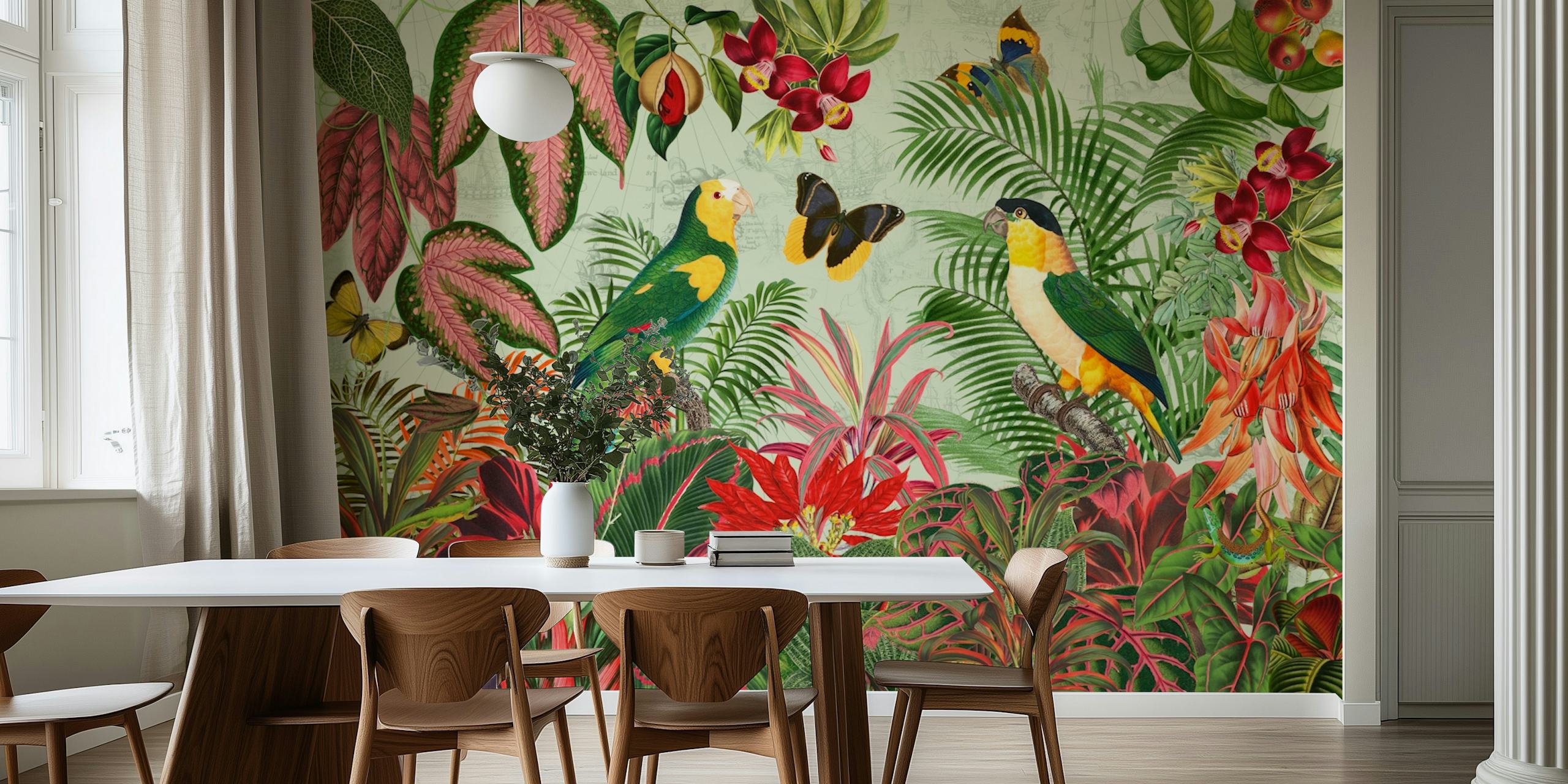 Colorful parrots and lush tropical leaves wallpaper