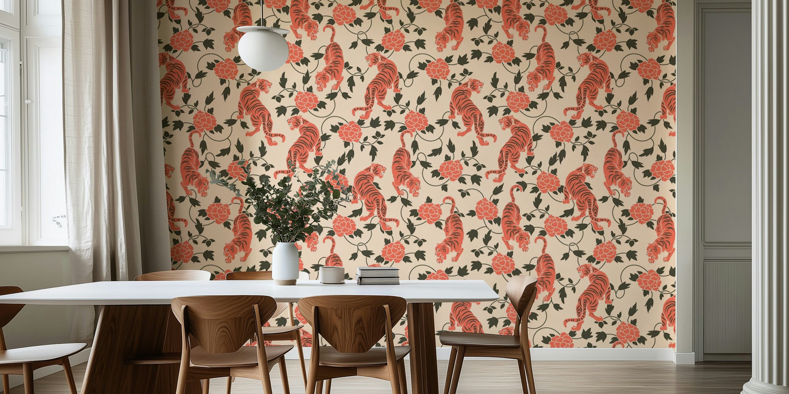 Vintage muurschildering in Chinese stijl met tijgers en bloemen op een romige achtergrond
