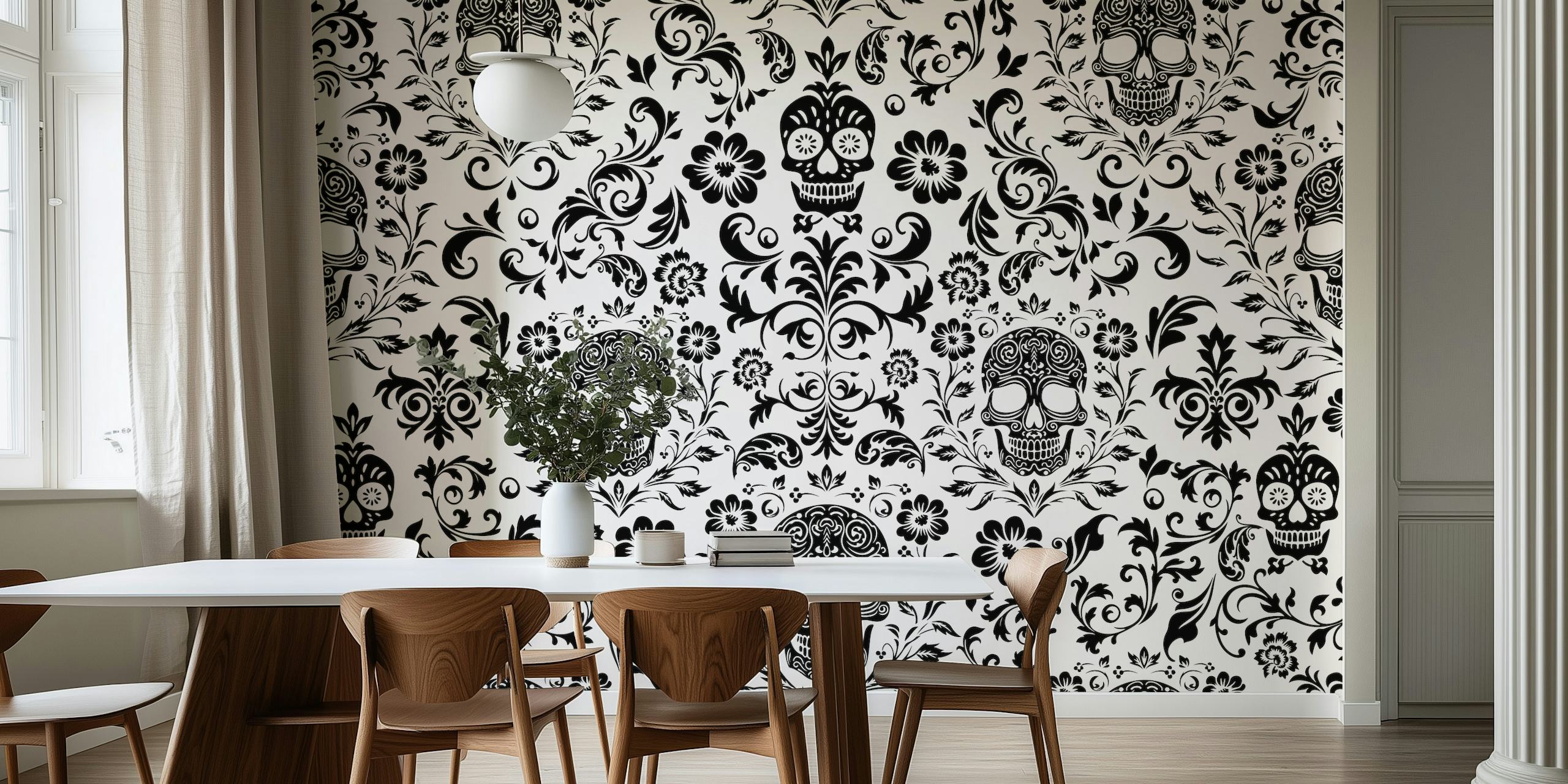 Mystical Macabre Damask wall mural in black and white with skull motifs and floral patterns