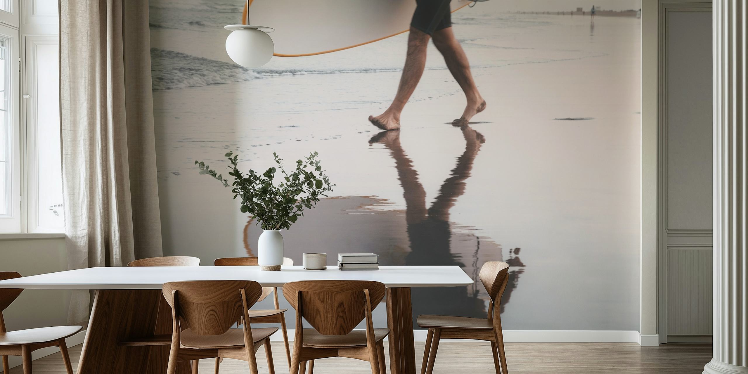 Surfer walking on water reflecting beach wallpaper