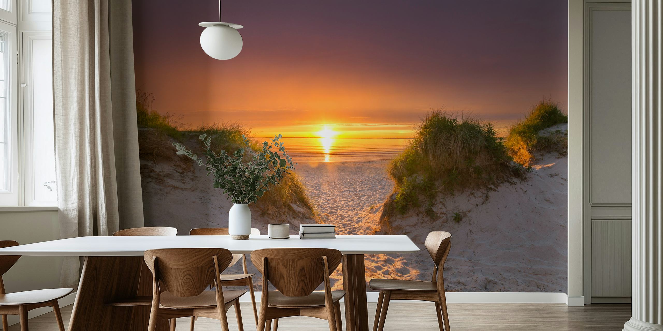Sunset beach wall mural with sandy pathway leading through dunes to the sea