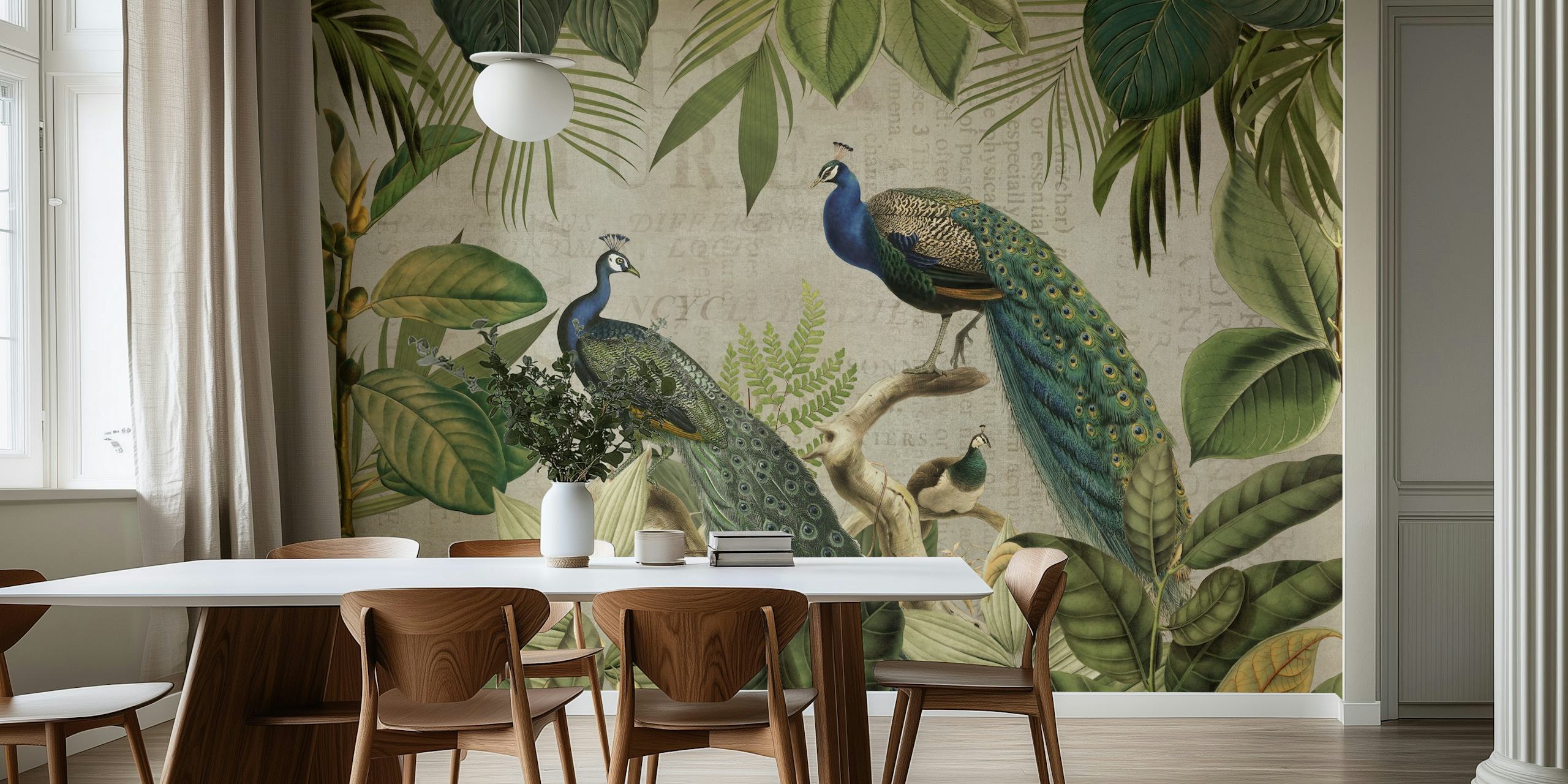 Peafowl and jungle design wallpaper in a room