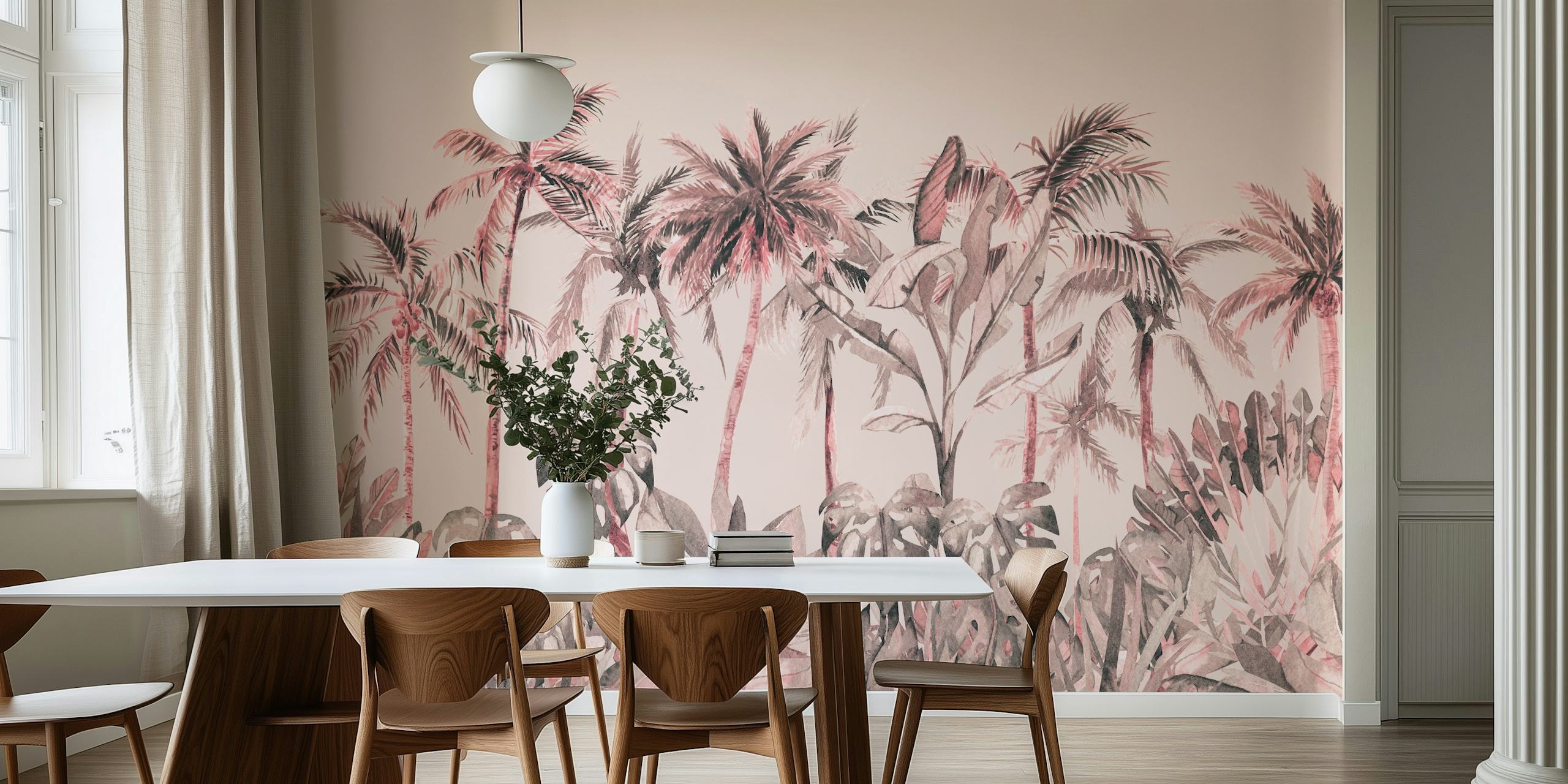 Papier peint mural d'une île tropicale rose pastel avec un feuillage luxuriant