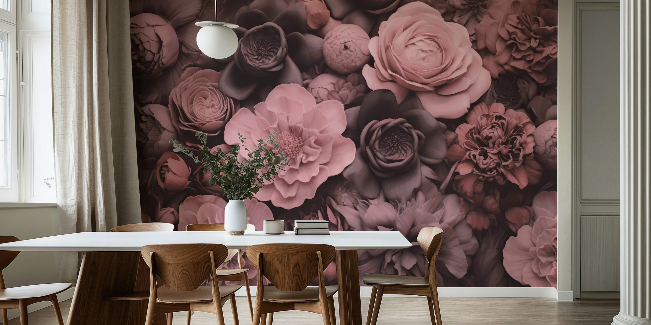 Opulent Baroque Flowers wall mural with a dusty pink moody botanical art design