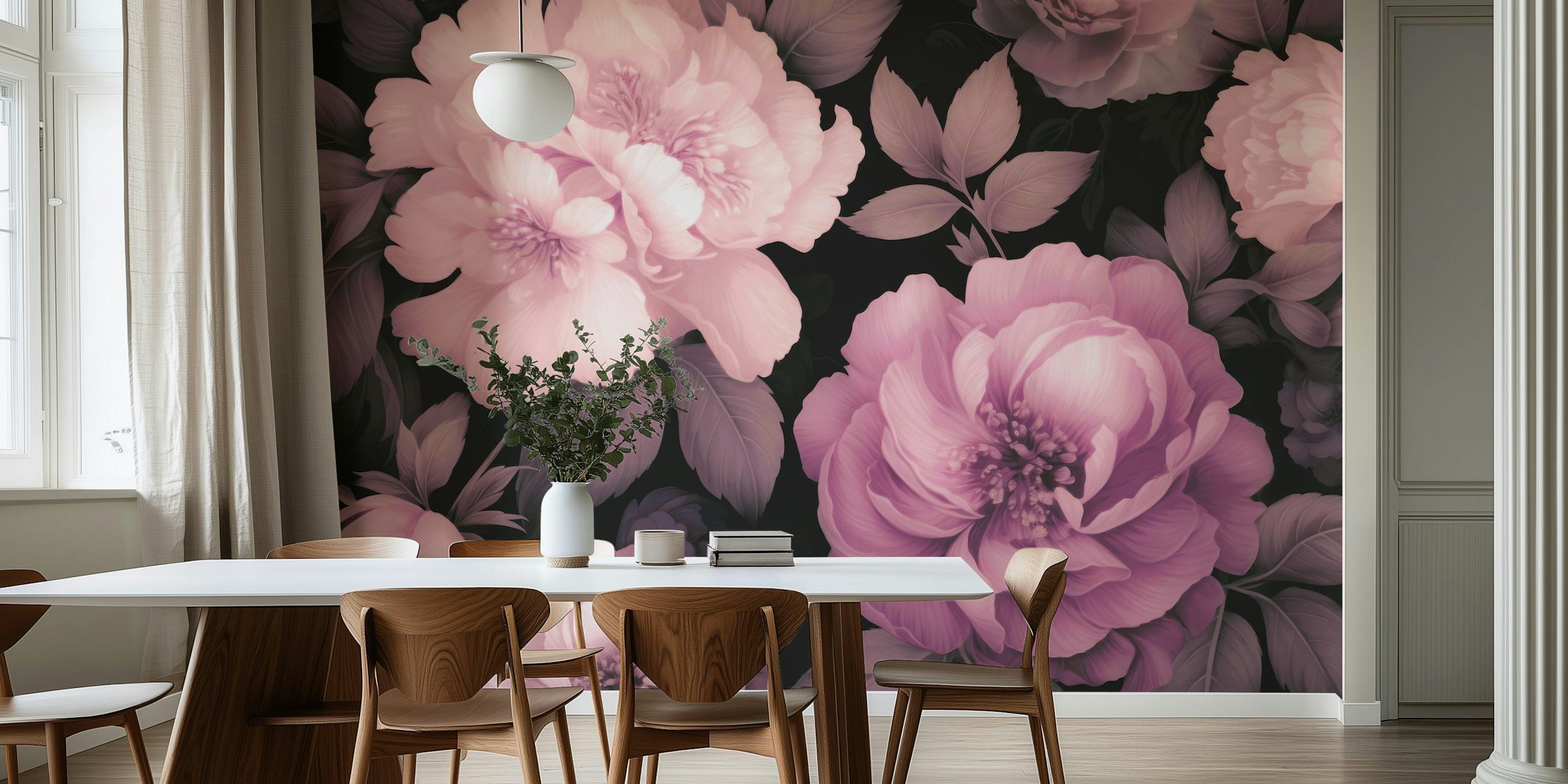 Pink floral pattern with dark leaves on a black background wallpaper