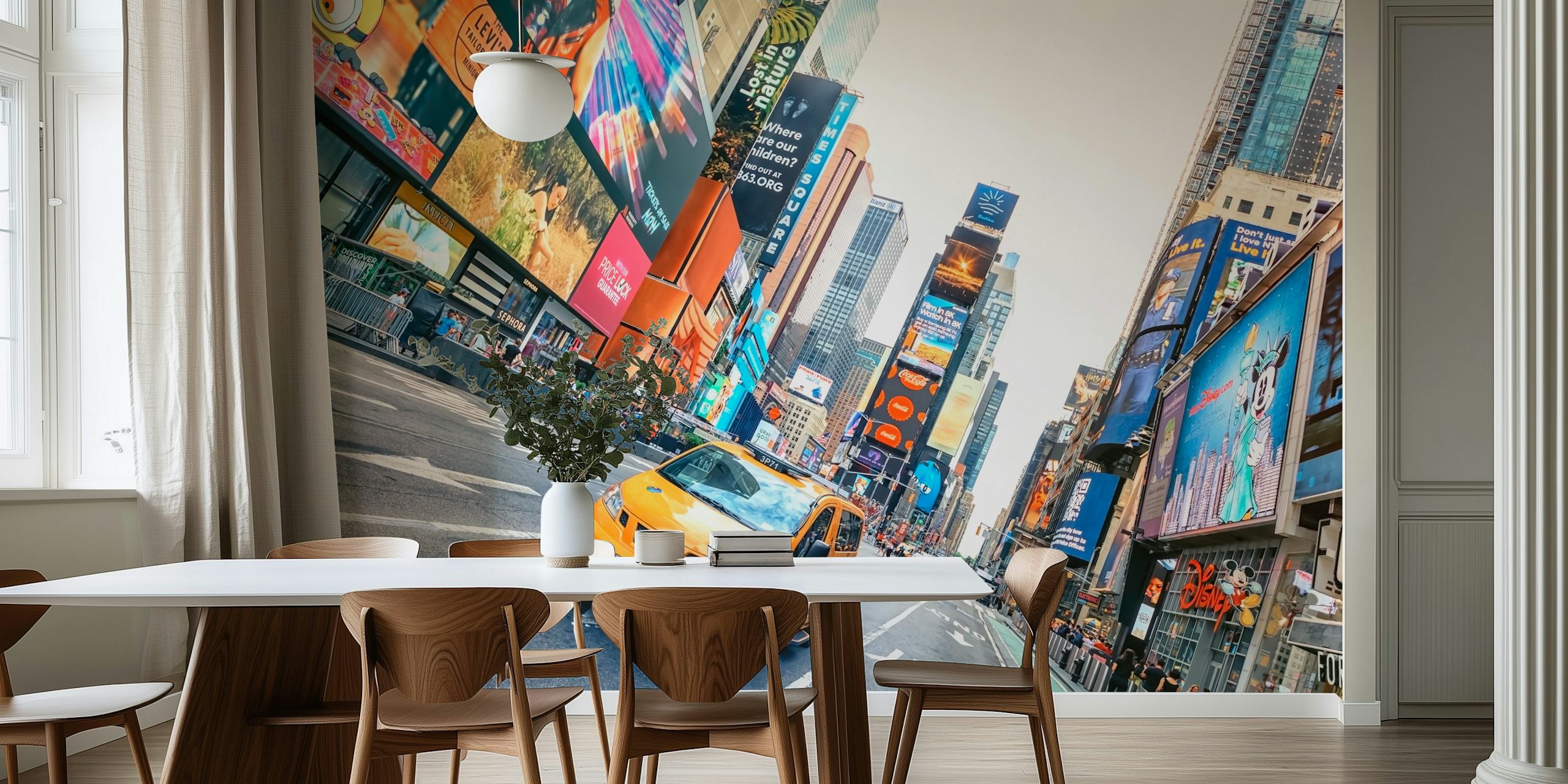 Vibrant urban scene of Times Square with colorful billboards and a yellow taxi wall mural
