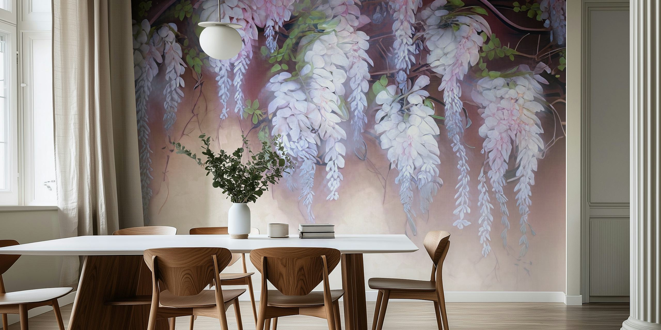 Wisteria flowers in lilac and white on a soft background wallpaper