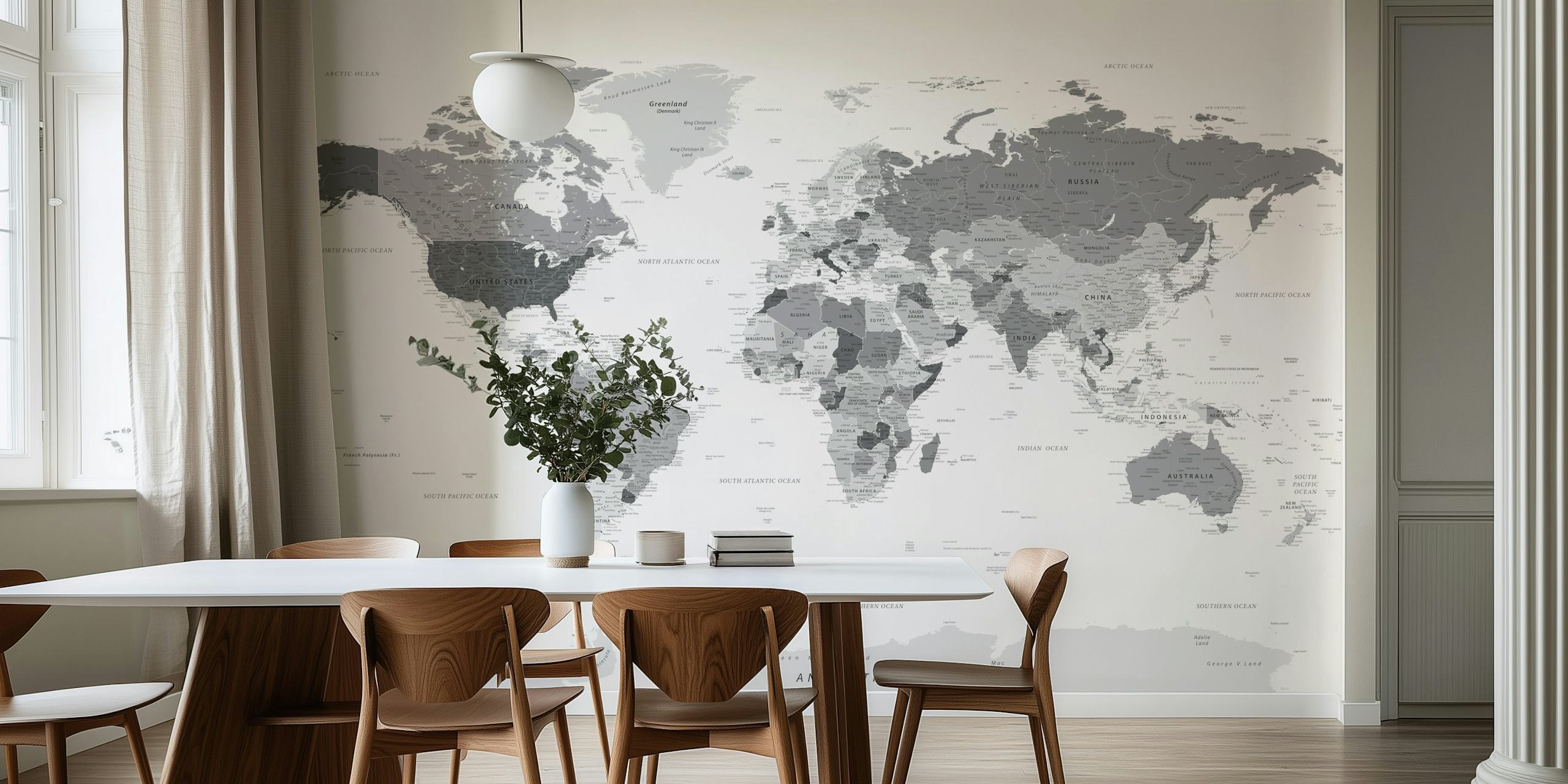 Grey world map wallpaper in a room