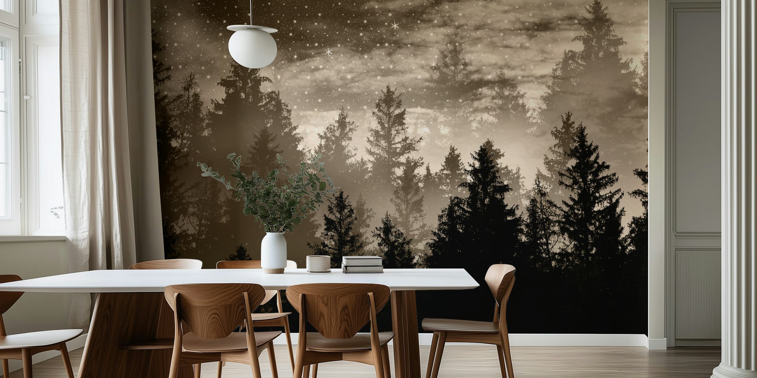Silhouette of black forest trees against a starry sky wallpaper