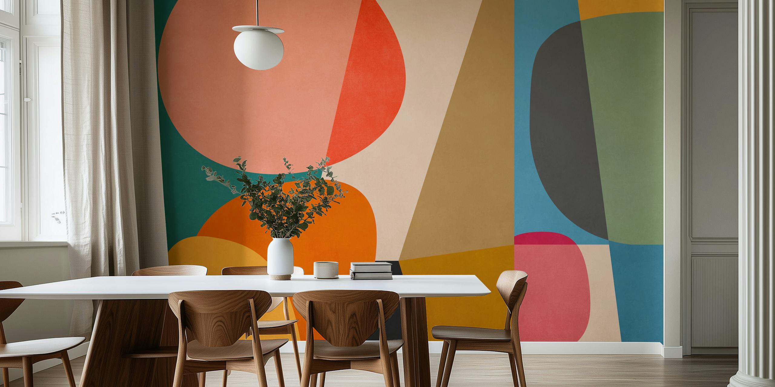 Colorful abstract geometric shapes including orange, teal, pink, and yellow wallpaper