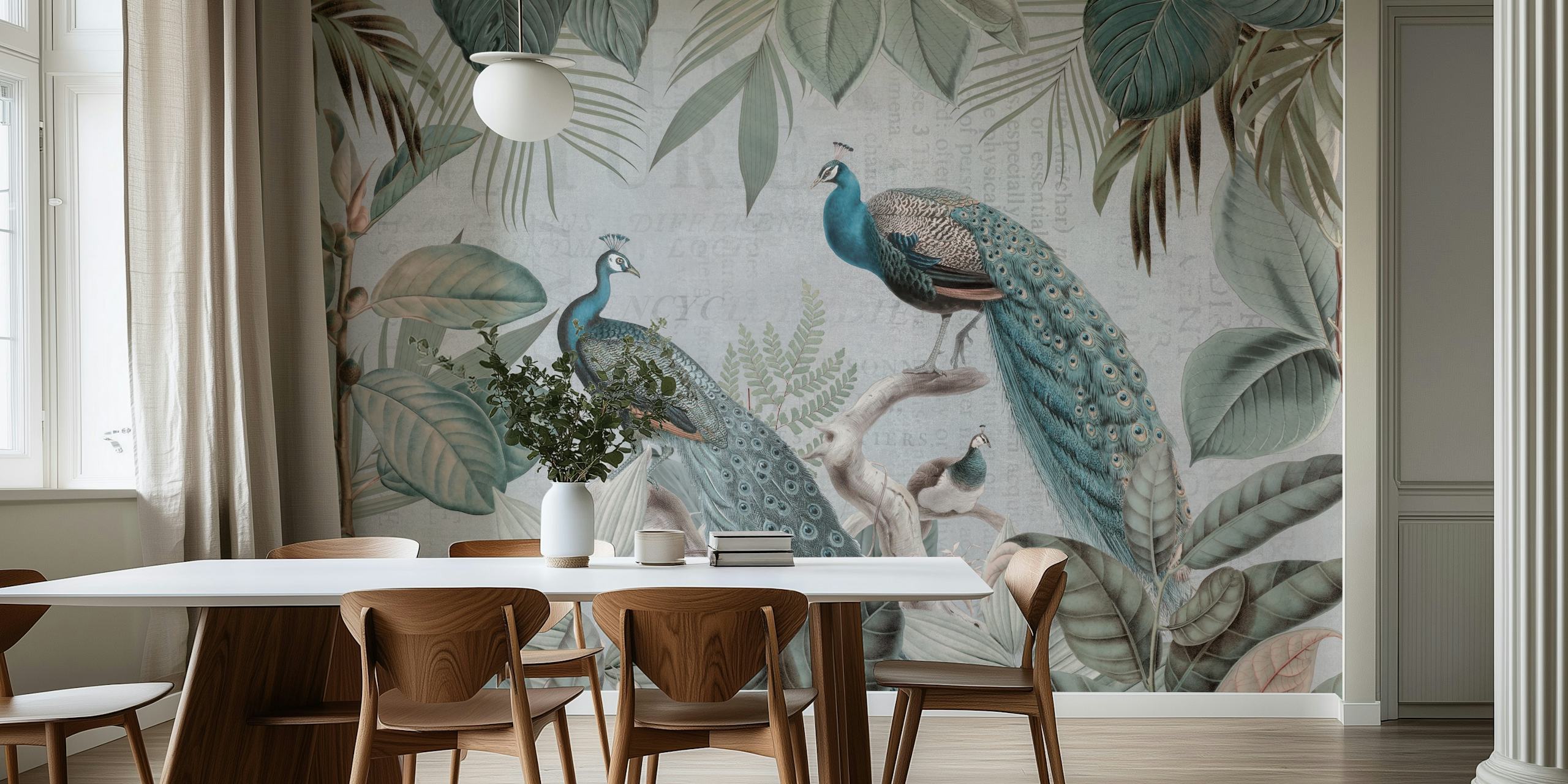 Majestic peafowls wallpaper in a room