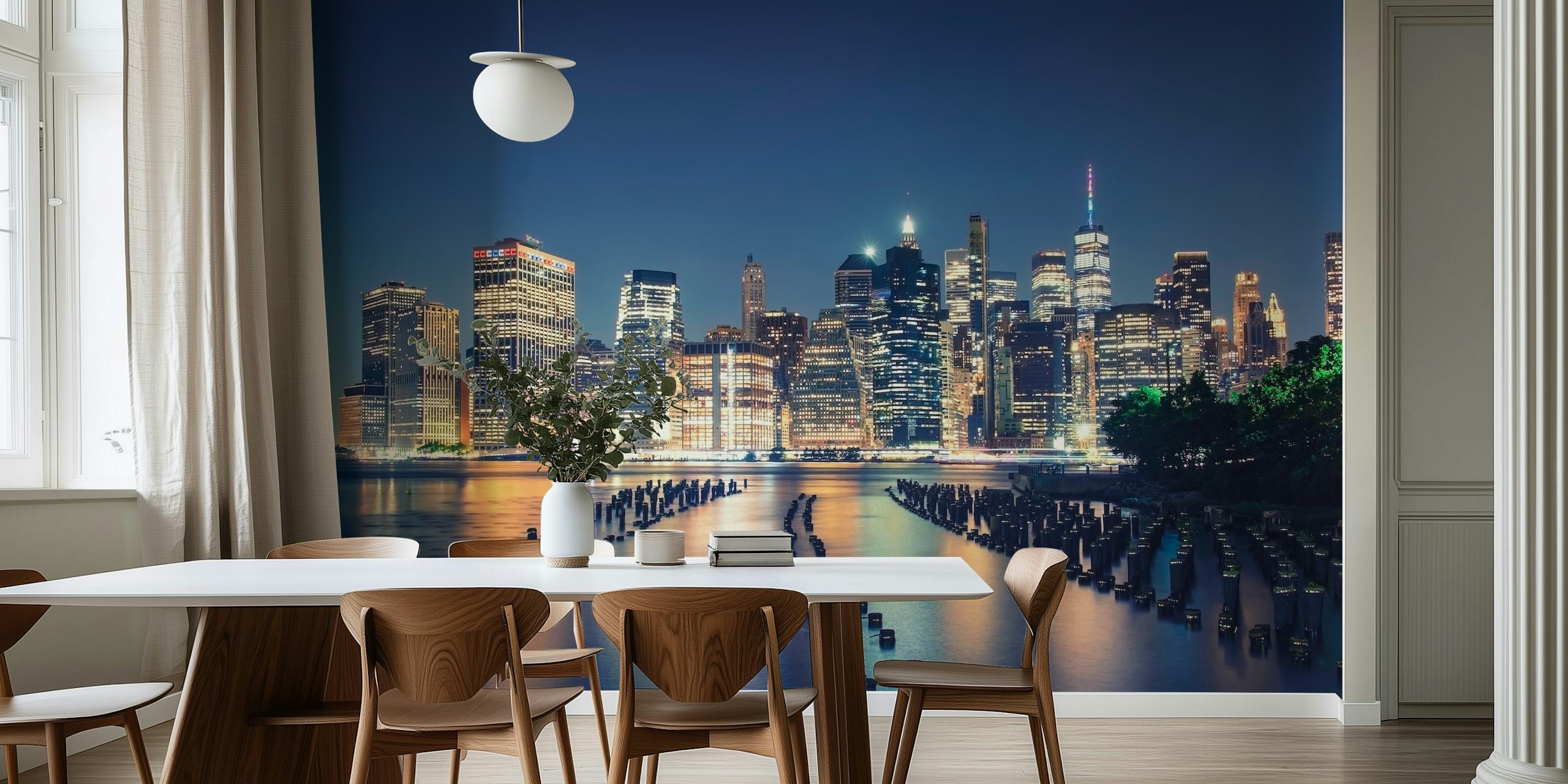 City night skyline with bright lights and dark water wallpaper