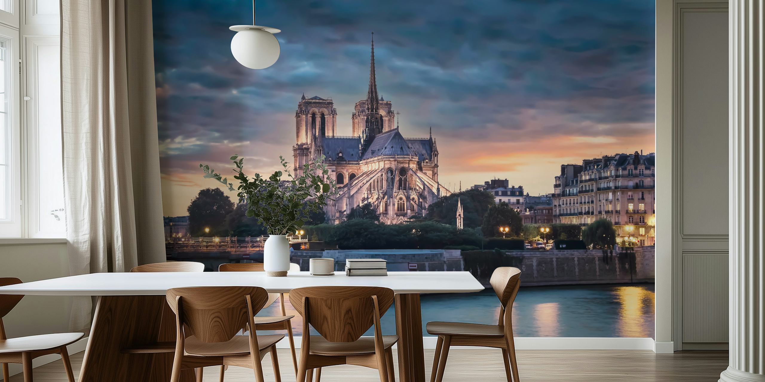 Design de papel de parede Cathedral of Paris em um quarto