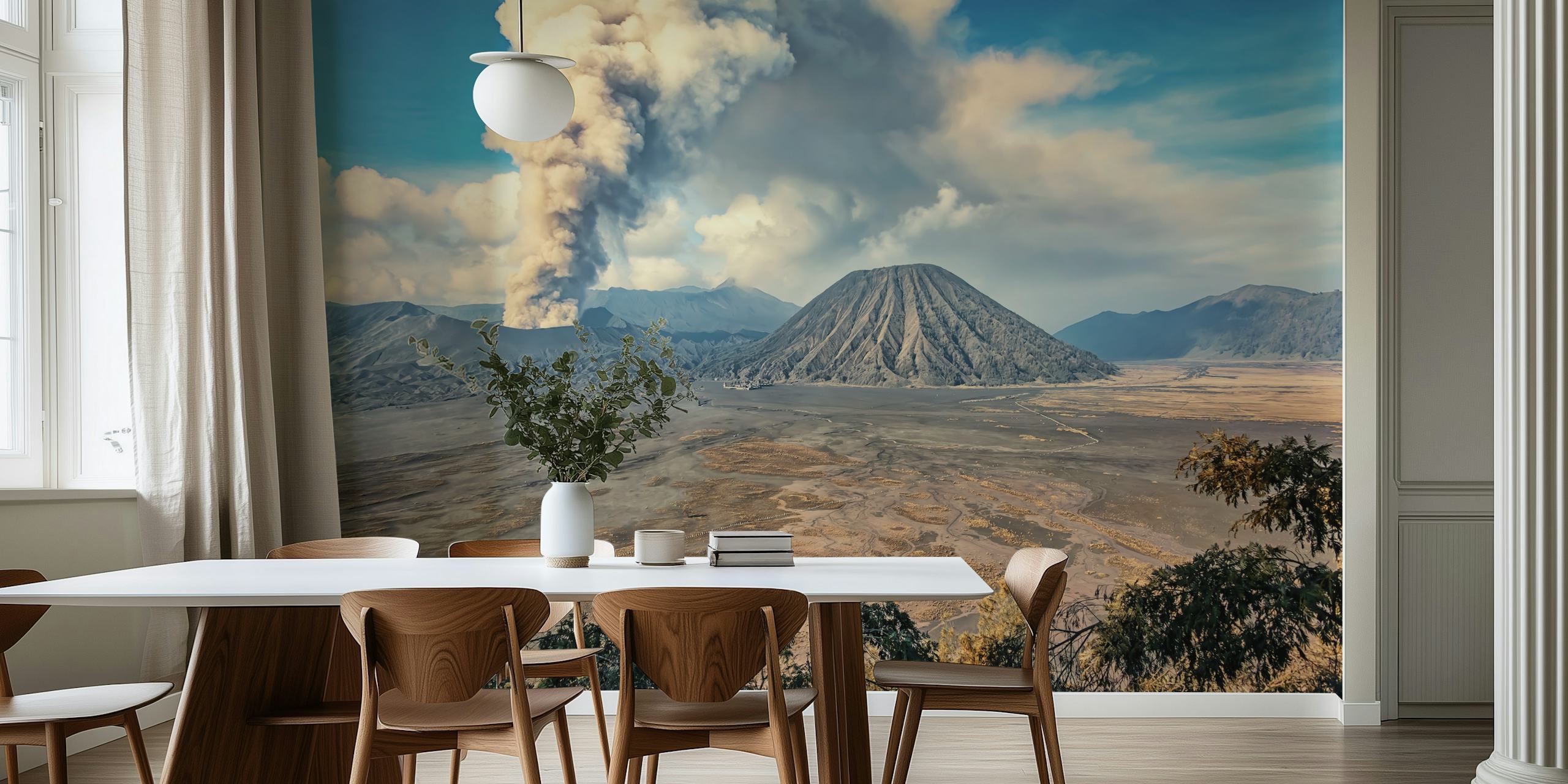 Volcanic landscape with Bromo Caldera in gray tones wallpaper