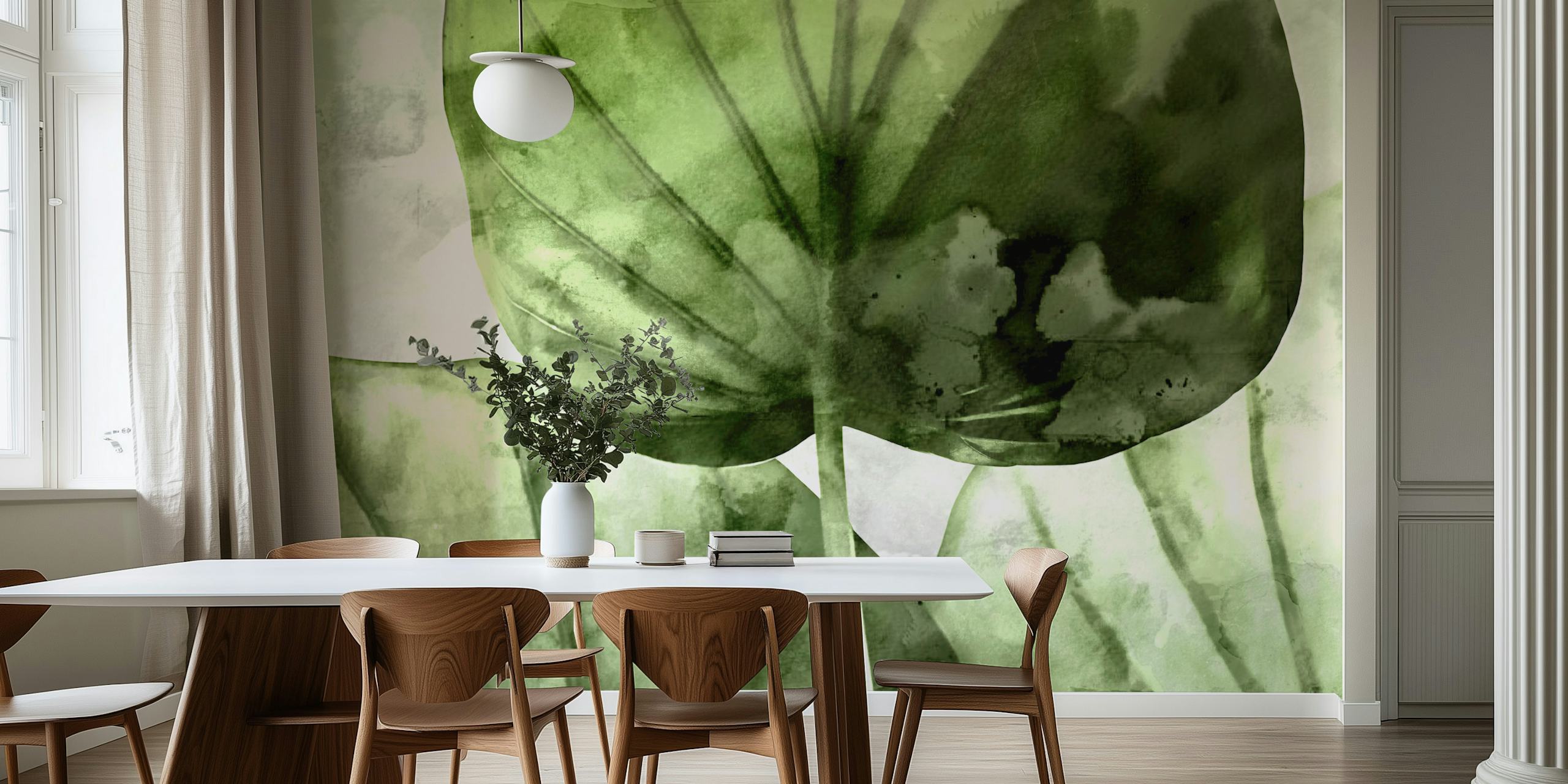 Japandi Leaf Watercolor Tapete in einem Raum