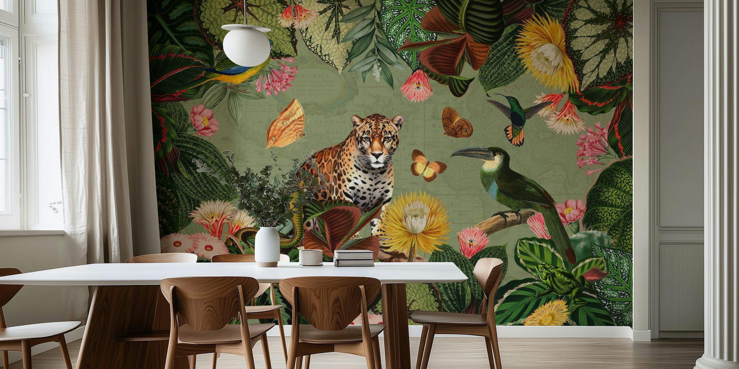 Tropical jungle scene with a leopard, toucan, and vibrant flowers, green wallpaper